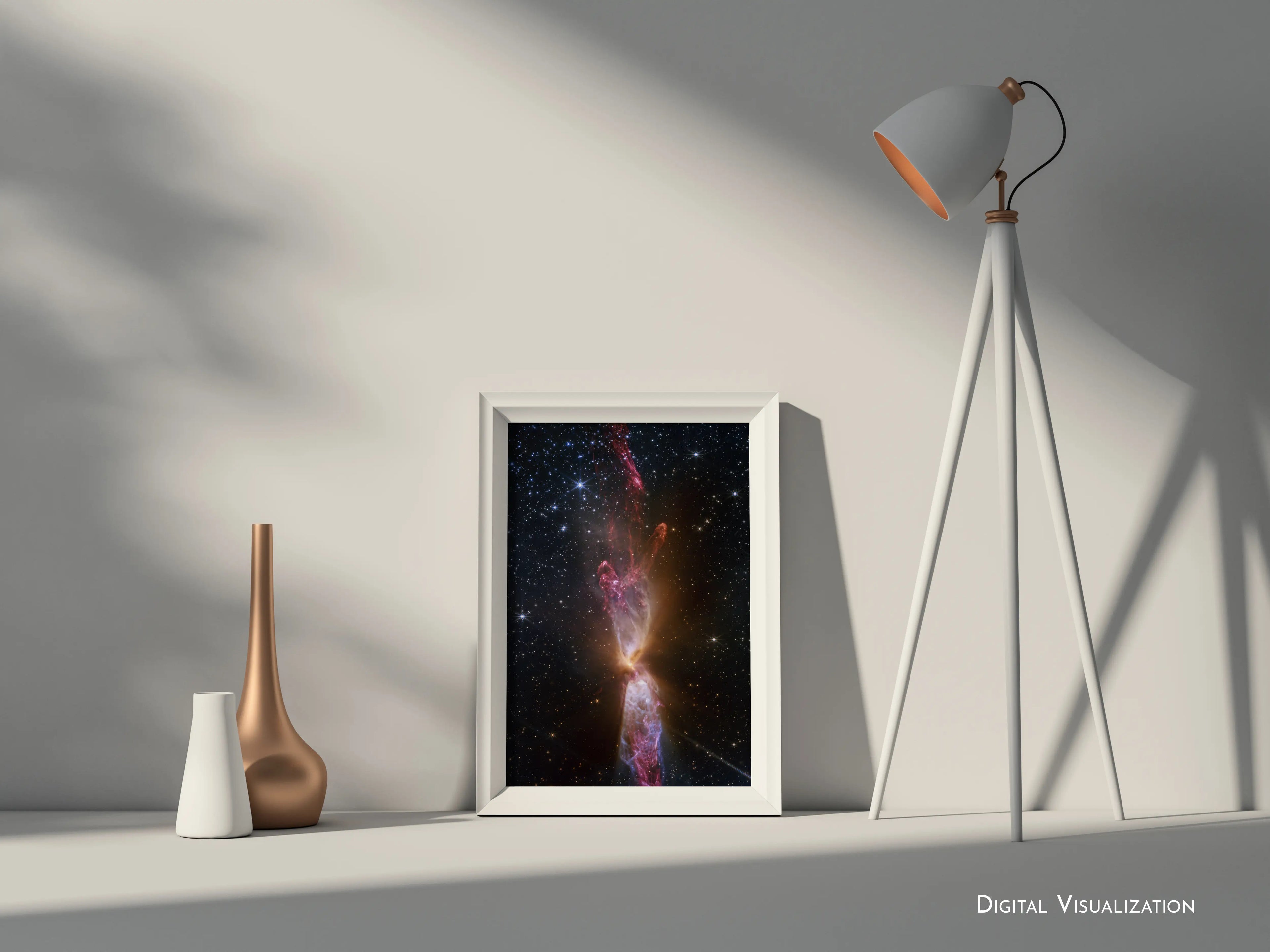 Striking nebula art print of Lynds 483 in vibrant red and gold tones with starry night background, professionally framed for celestial-inspired interiors – by Skylit Studio.