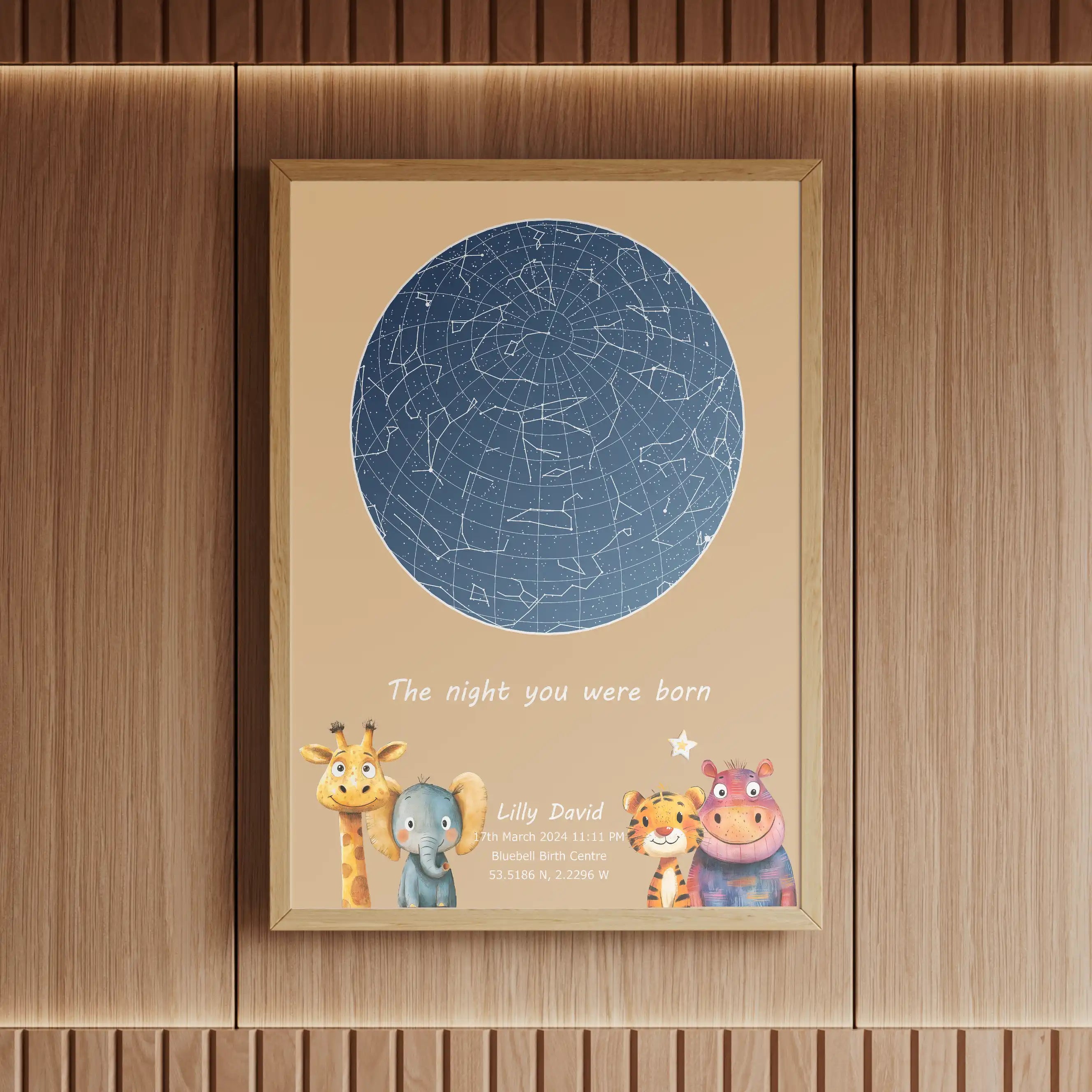 Framed personalised star map print for a child&