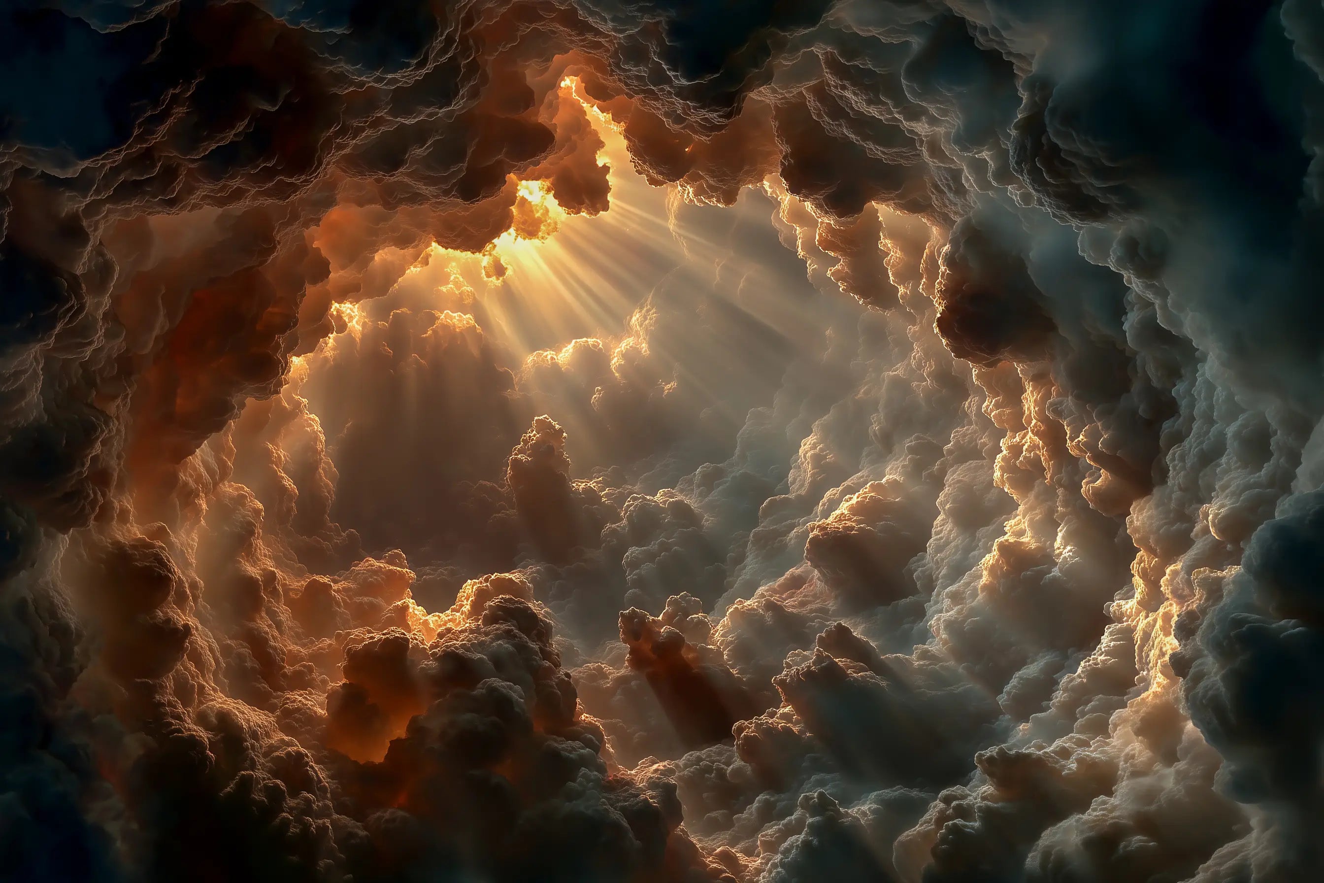 Dramatic celestial sky with golden light rays breaking through swirling storm clouds, used as a cosmic-themed banner for Skylit Studio’s FAQ section.