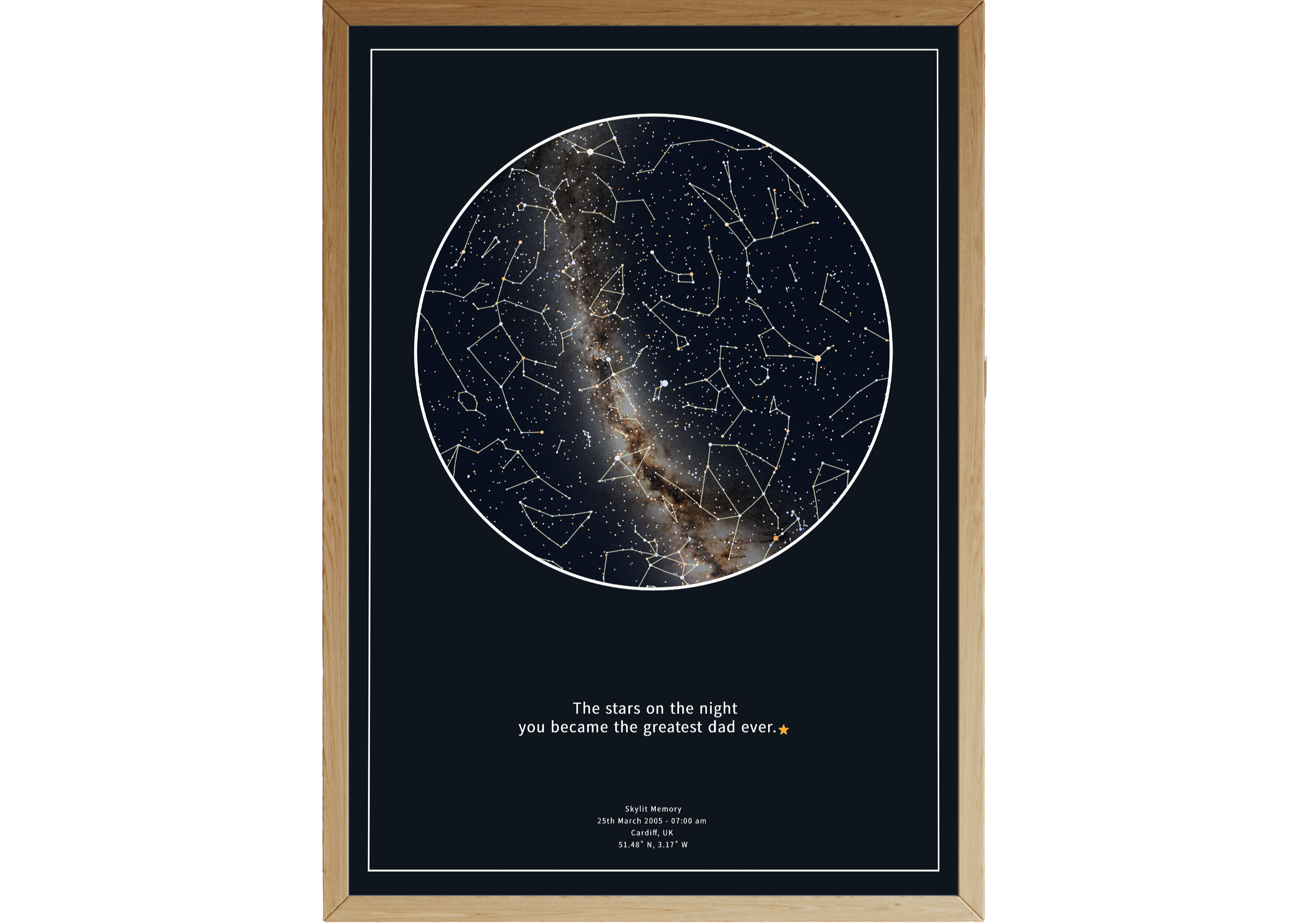 Custom star map for dad with Milky Way detail and heartfelt quote, capturing the sky from a special date and location – thoughtful astronomy-themed Father’s Day print by Skylit Studio.