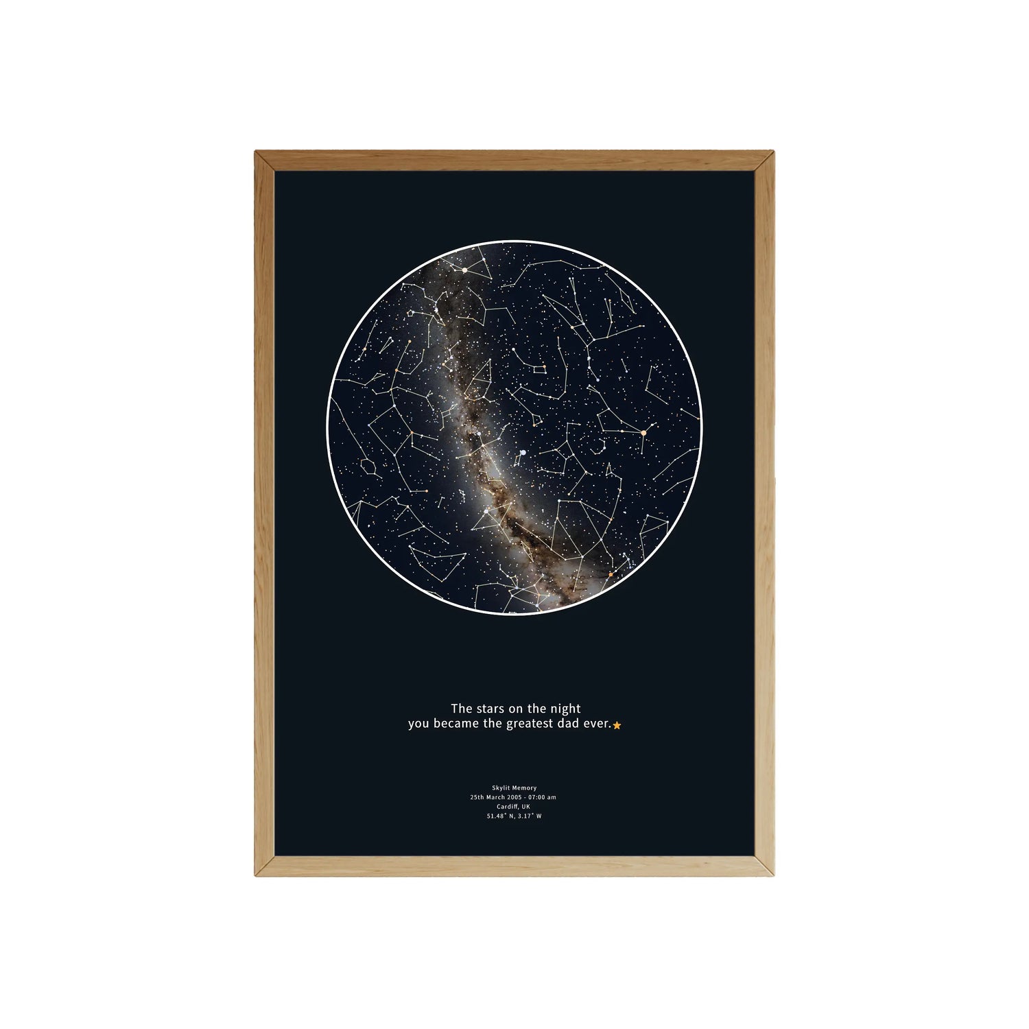 Elegant framed star chart with labelled constellations and minimal text on a dark background, designed as a personalised gift print by Skylit Studio.