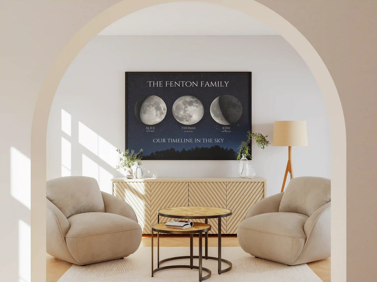 Personalised Moon Phase Print for Family of Three – Custom Star Map Wall Art Featuring Names and Dates, Displayed in Modern Living Room – Skylit Studio