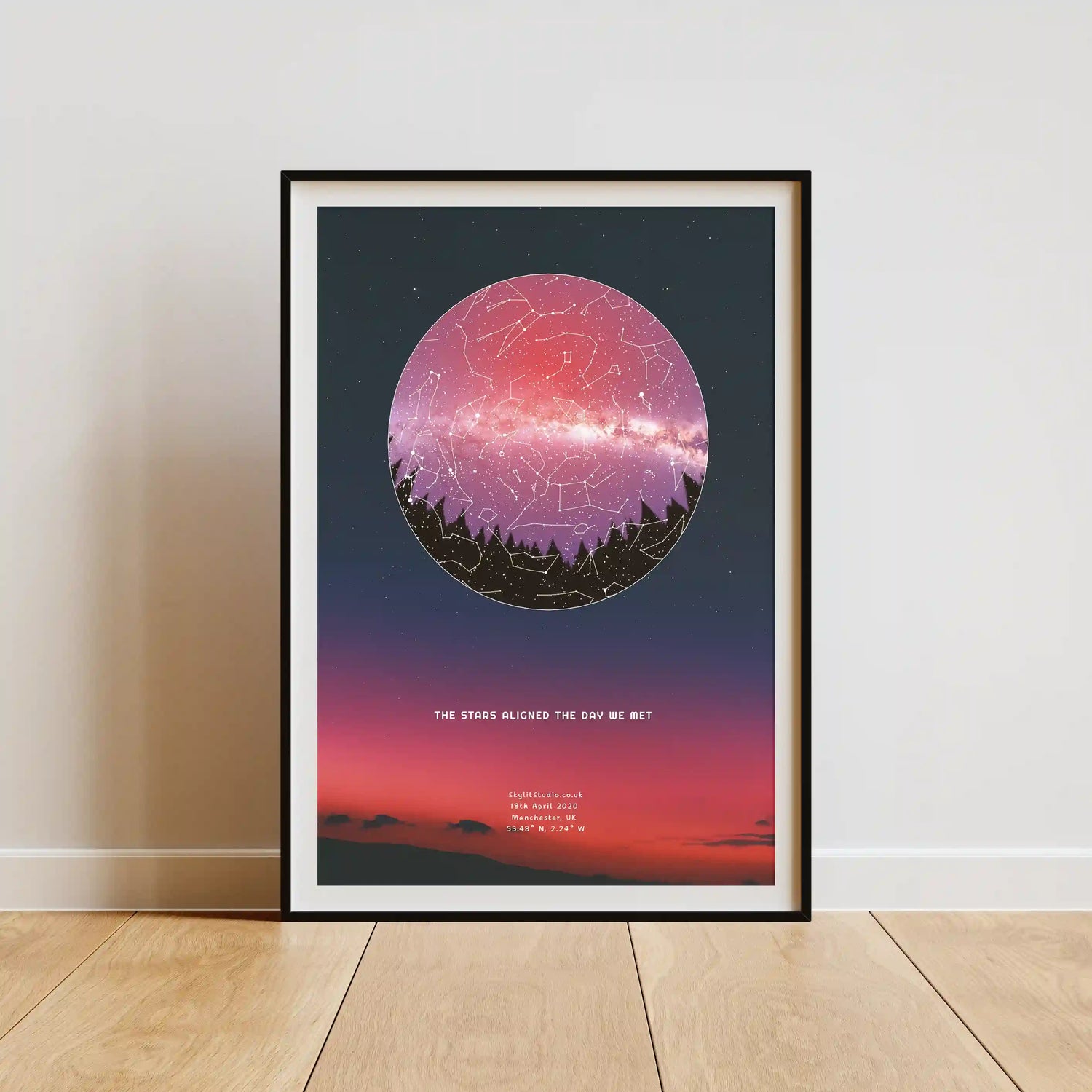 Framed personalised star map print with treeline and galaxy design by Skylit Studio, displaying stars from a specific date and location — a unique romantic anniversary gift idea