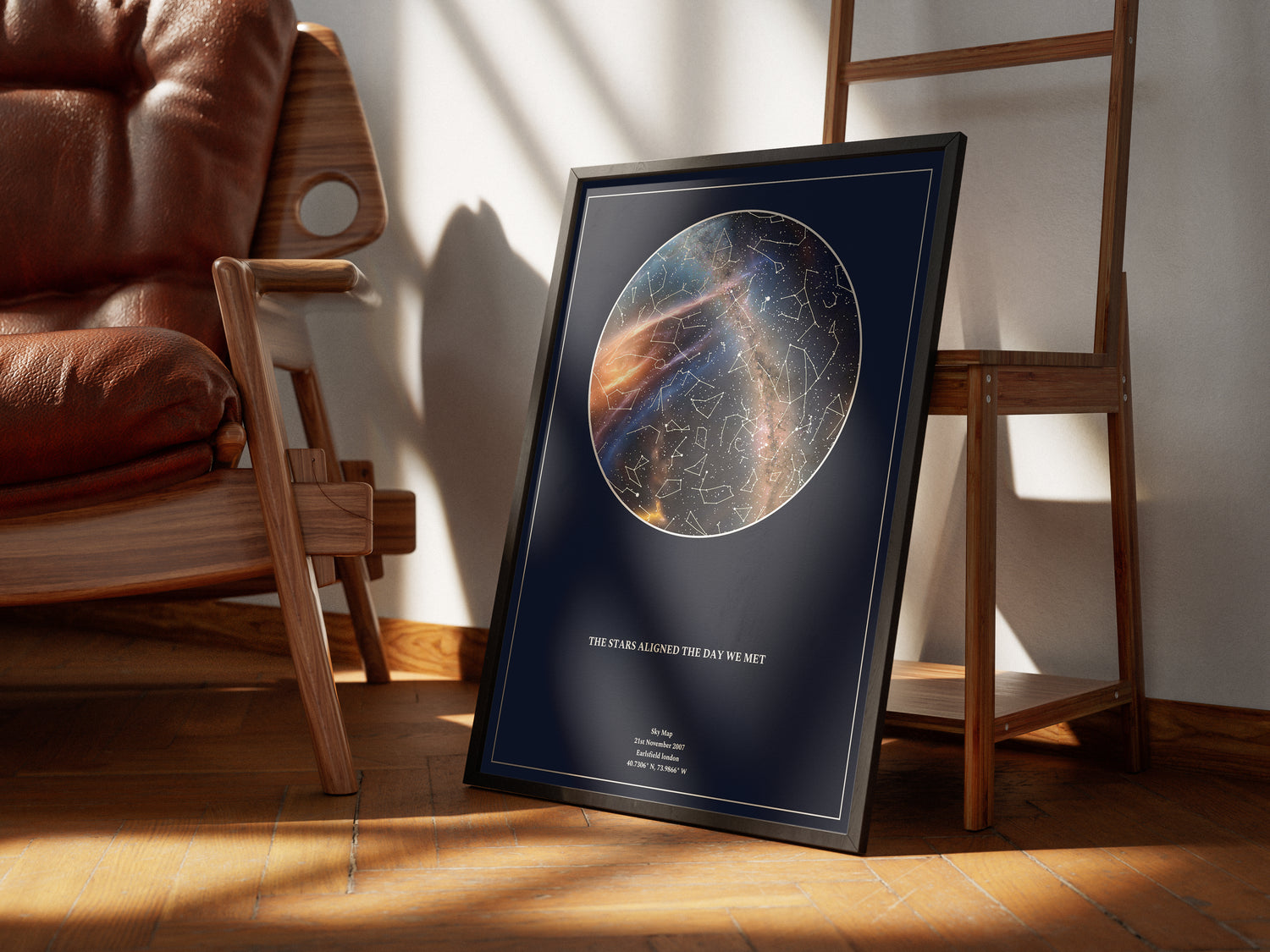 Elegant, framed star map print with a deep blue background, featuring a custom constellation design and the quote &