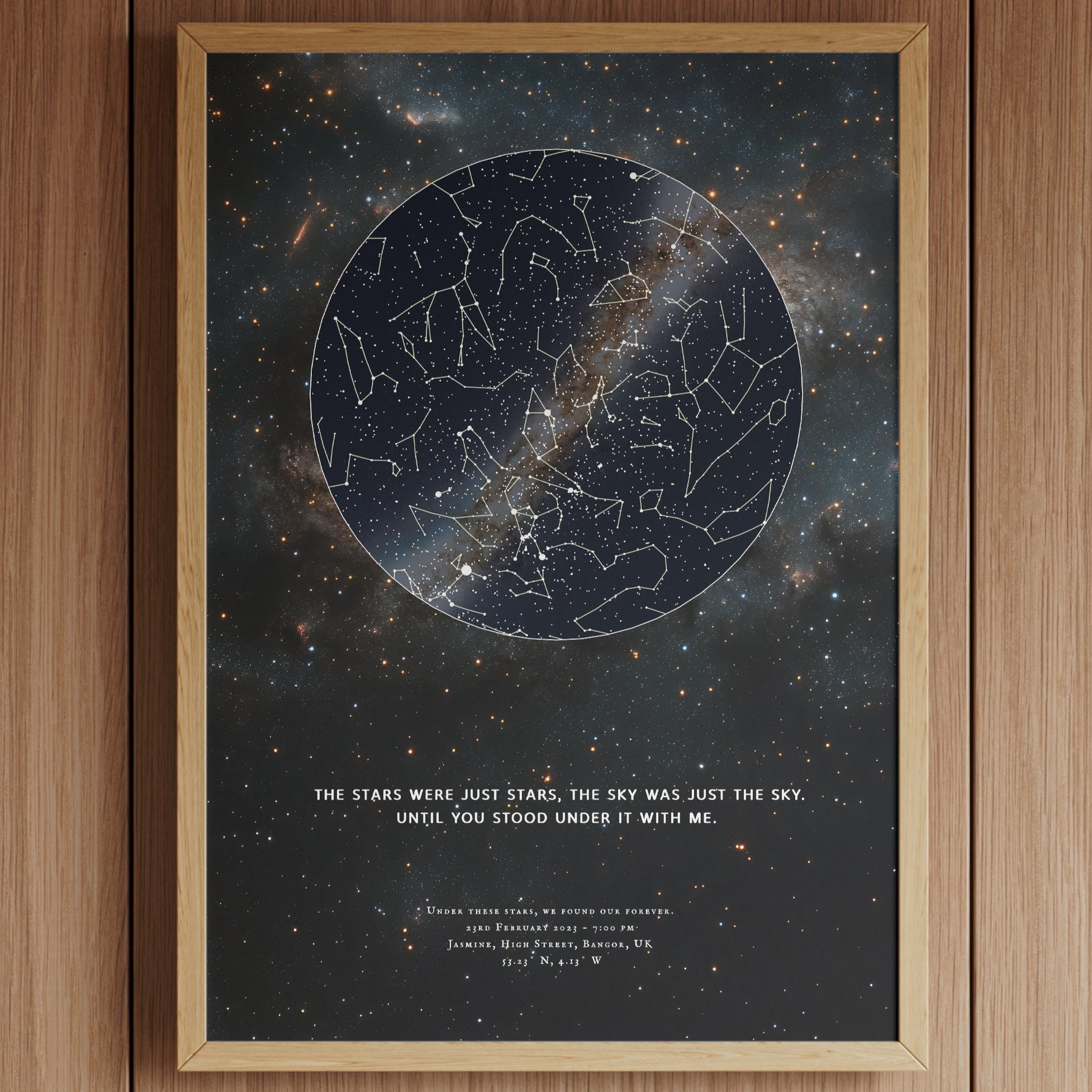 Framed personalised star map print with constellation outlines and Milky Way detail, featuring the quote ‘The stars were just stars, the sky was just the sky, until you stood under it with me’, displayed on a wooden wall – custom gift by Skylit Studio.