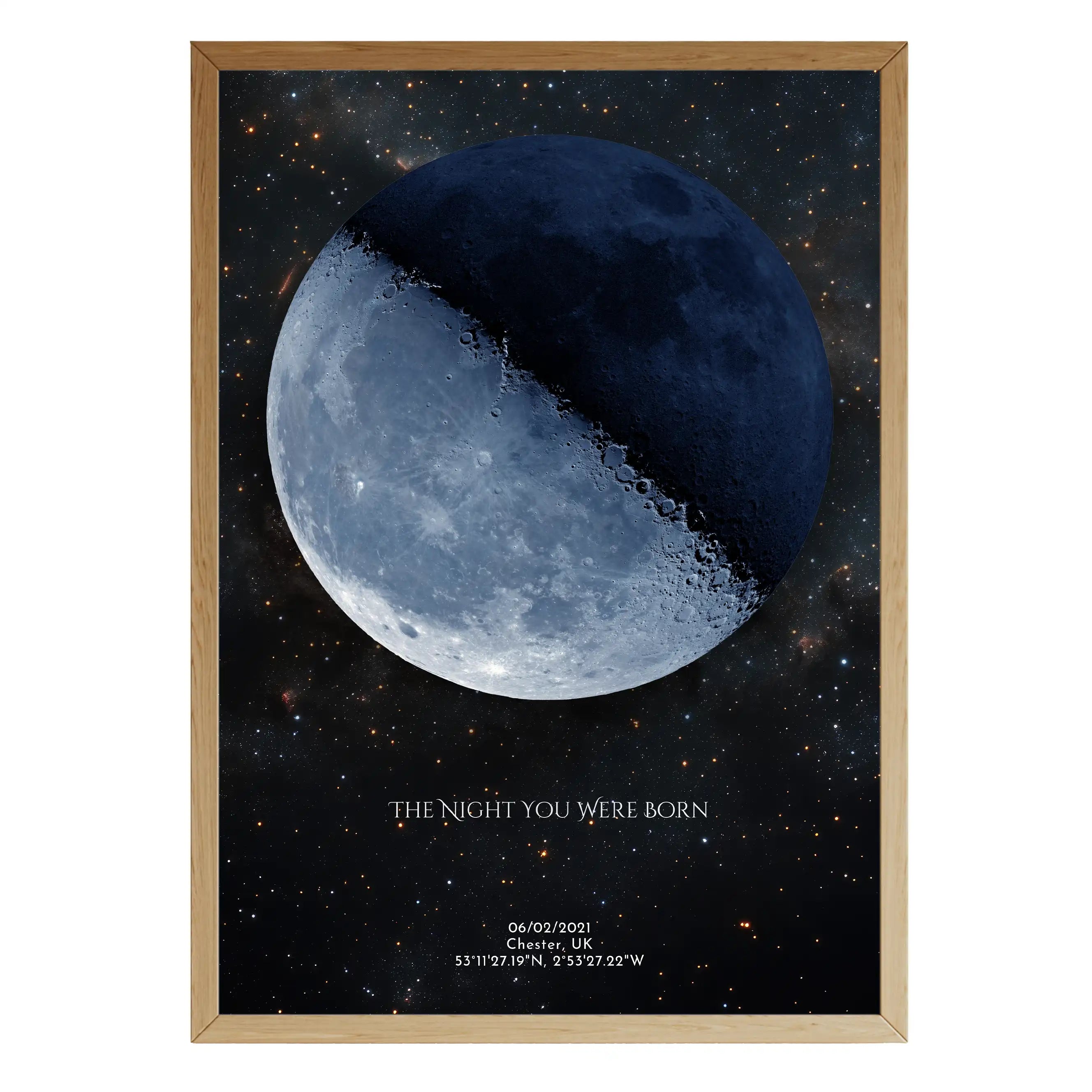 Accurate lunar phase artwork with date, location, and coordinates, displaying the Moon as it appeared on a special night – astronomy-inspired wall art by Skylit Studio.
