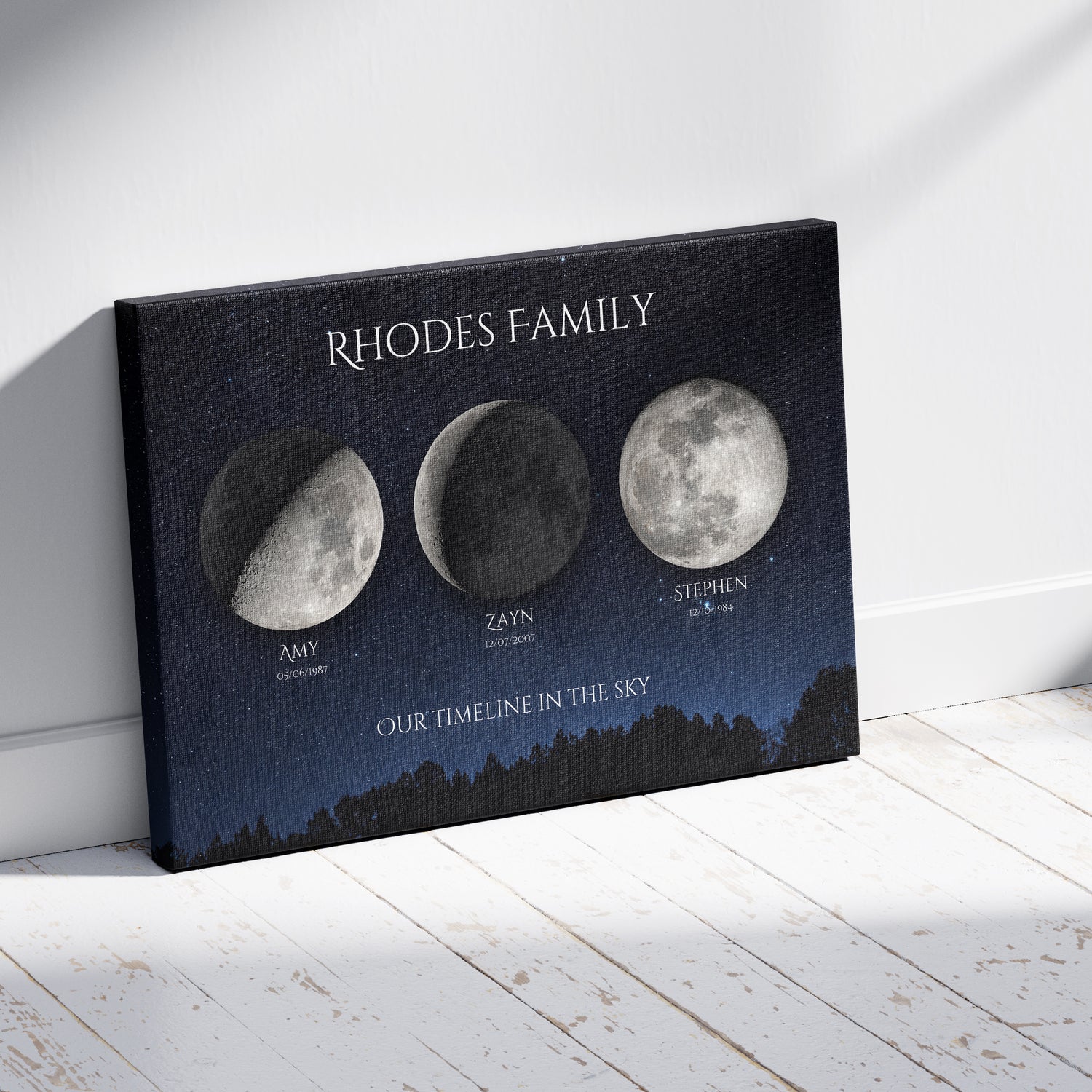 Canvas print with moon phases and family names on a white wooden floor.