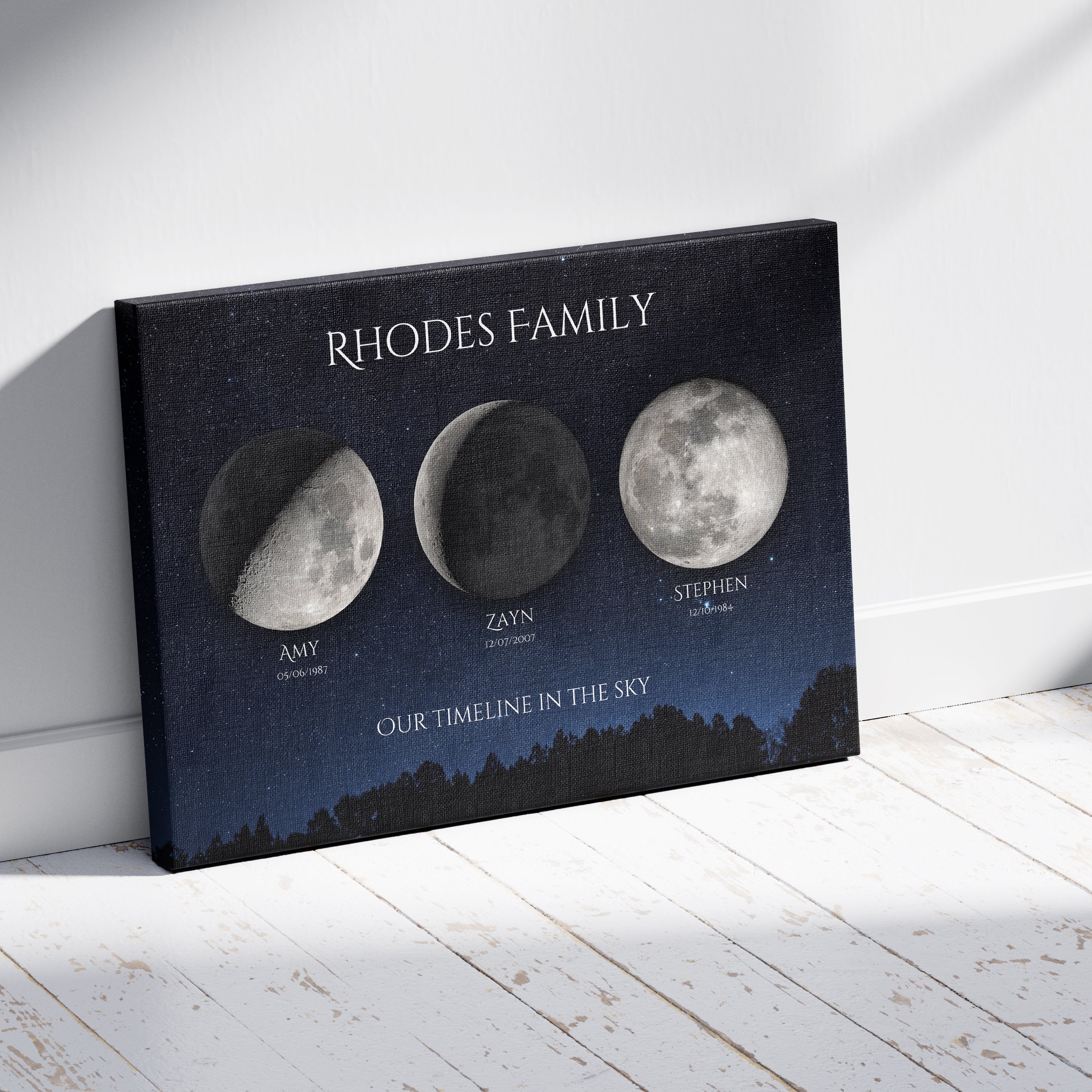 Canvas print with moon phases and family names on a white wooden floor.