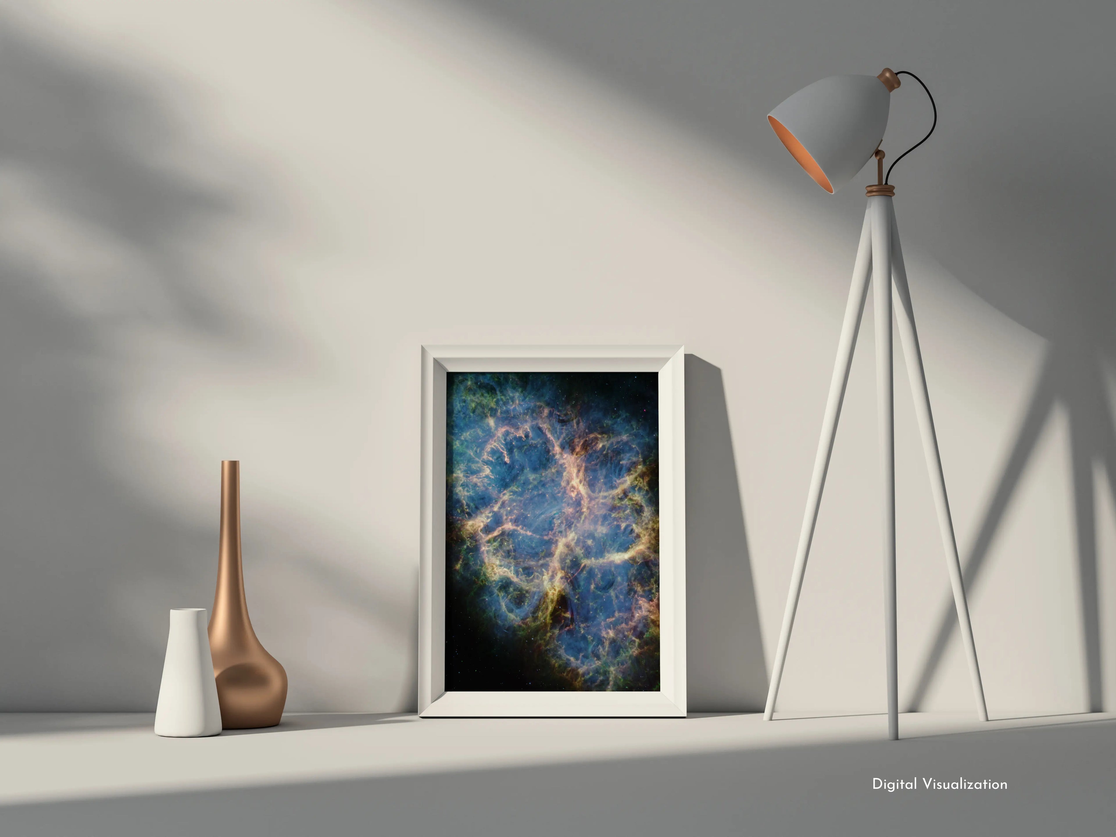 Vibrant space-themed wall art of the Crab Nebula in a wooden frame, designed to bring the beauty of the universe into contemporary interiors – by Skylit Studio.