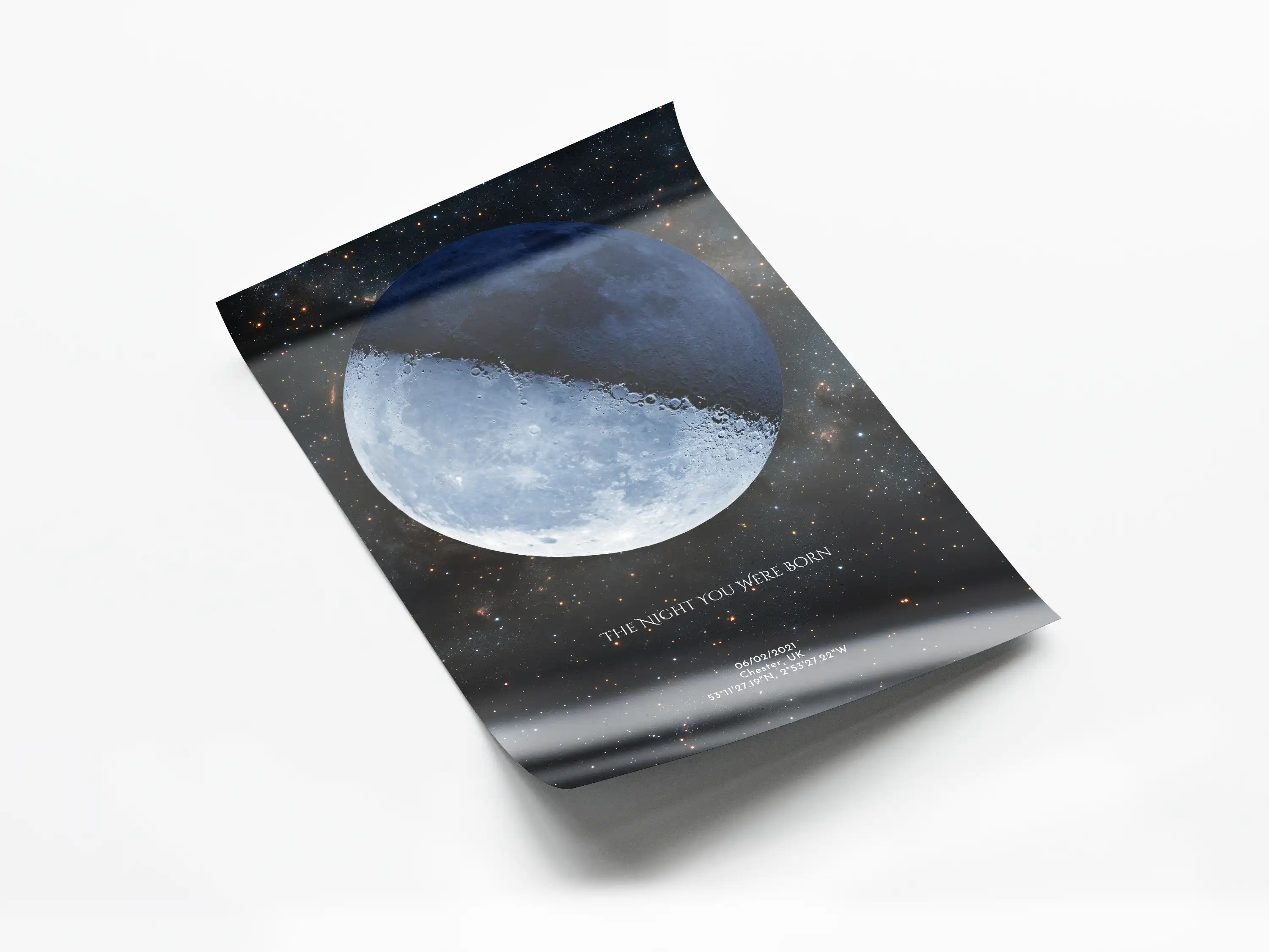 Personalised moon phase print by Skylit Studio showing the lunar phase from a special date, printed on high-quality lustre paper with a galaxy-inspired background and the caption 'The Night You Were Born'.