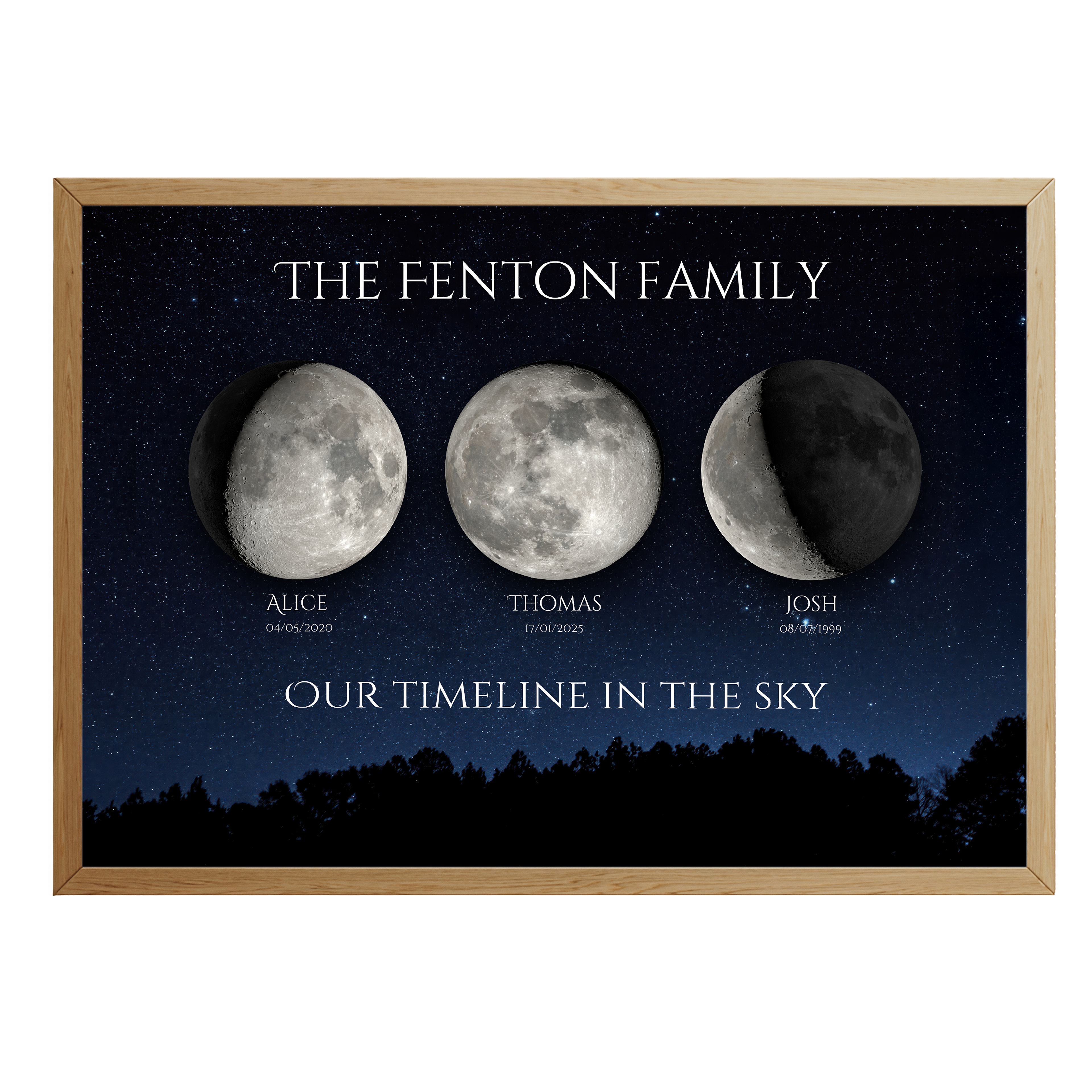 Custom family moon phase wall art with names and birth dates, displaying each moon as it appeared on special days – thoughtful gift for families by Skylit Studio.