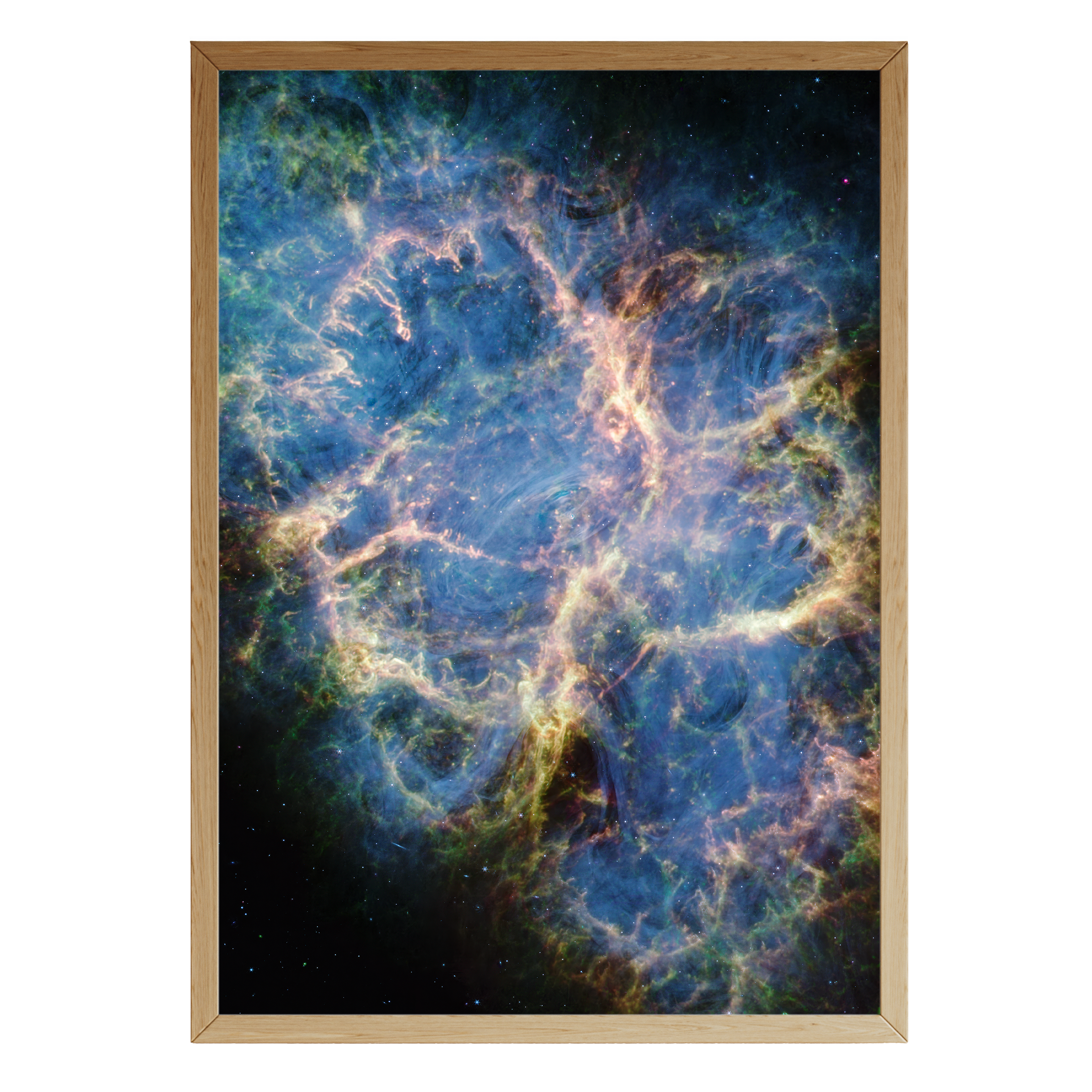 Framed deep space print of the Crab Nebula featuring intricate filaments of glowing gas in blue, violet, and gold hues – astronomy wall art by Skylit Studio.
