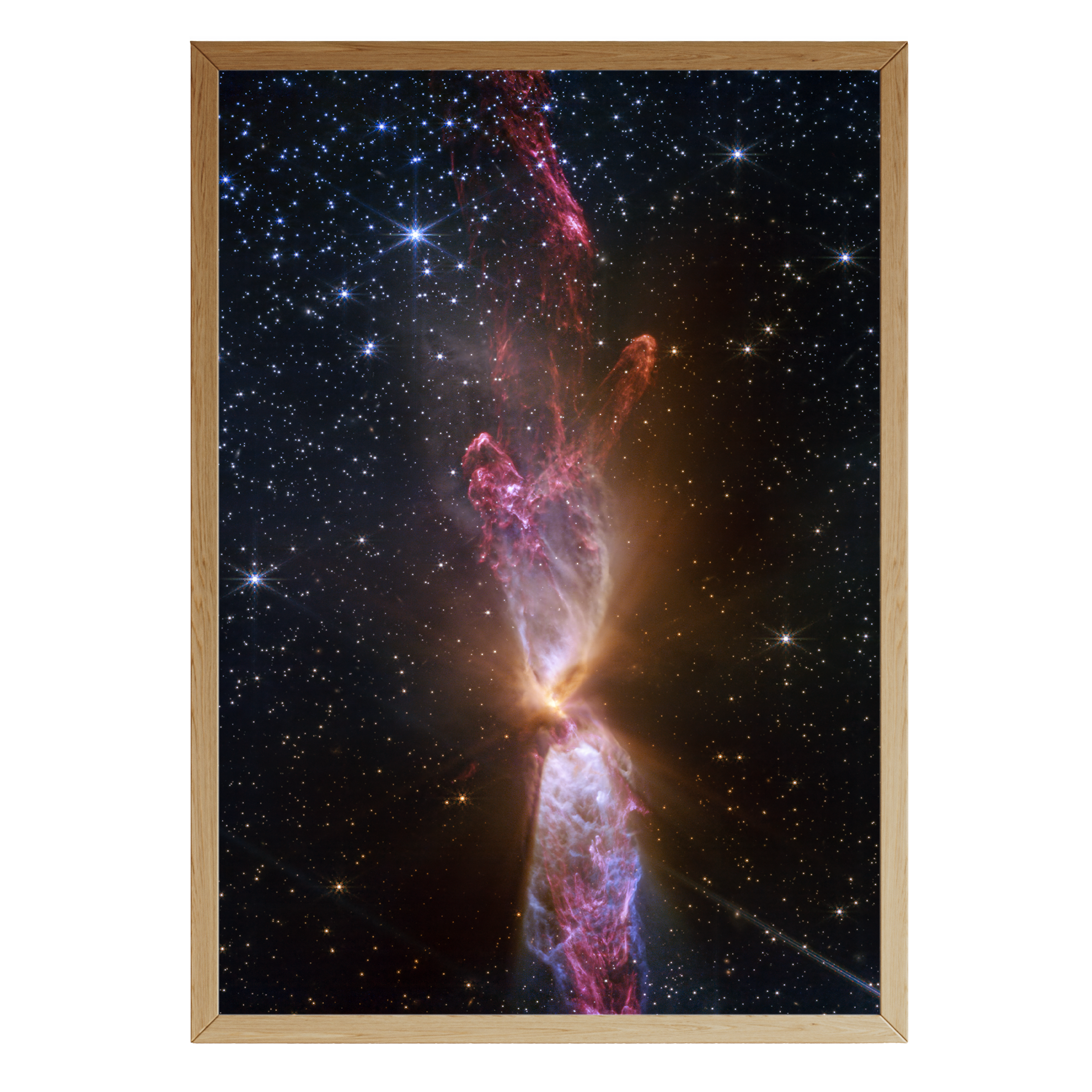 Framed deep space art print of the Lynds 483 nebula, featuring a young star’s bipolar jets surrounded by a dense star field – cosmic wall art by Skylit Studio.