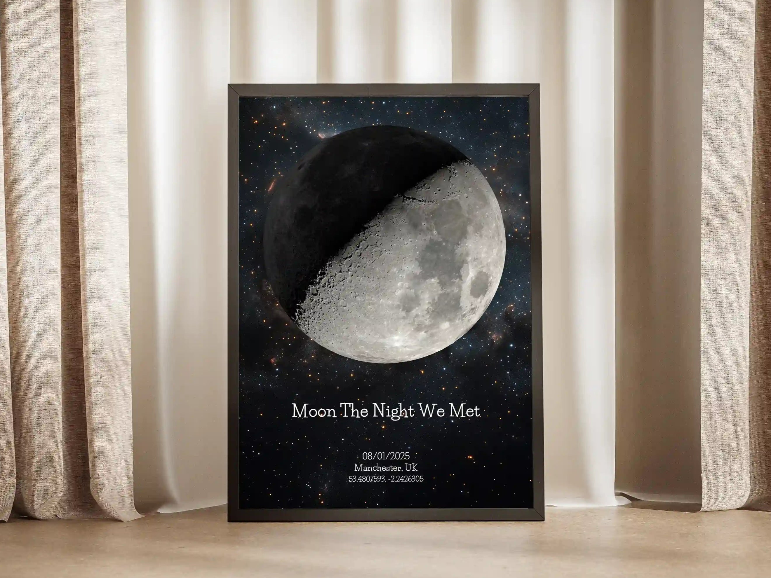 Custom moon phase artwork showing how the Moon looked on the night a couple met, framed and printed with date, location, and coordinates – perfect romantic gift by Skylit Studio.