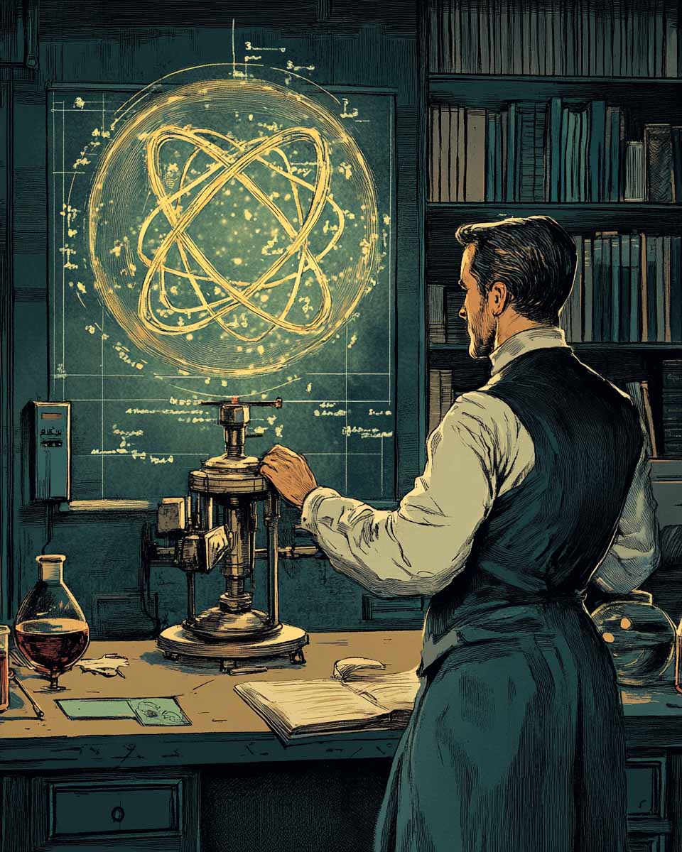 Vintage-style illustration of a scientist in a Victorian-era study, analysing a glowing atomic structure on a futuristic holographic display, symbolising the fusion of science and astronomy in star map creation.