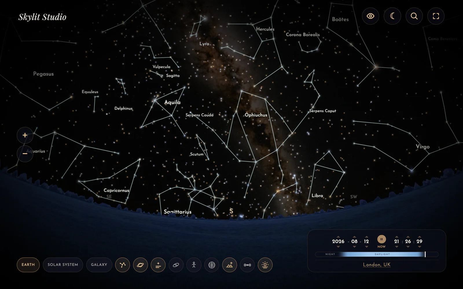The Skylit Studio Night Sky Explorer showing the real Milky Way, constellations and horizon for a chosen date and place