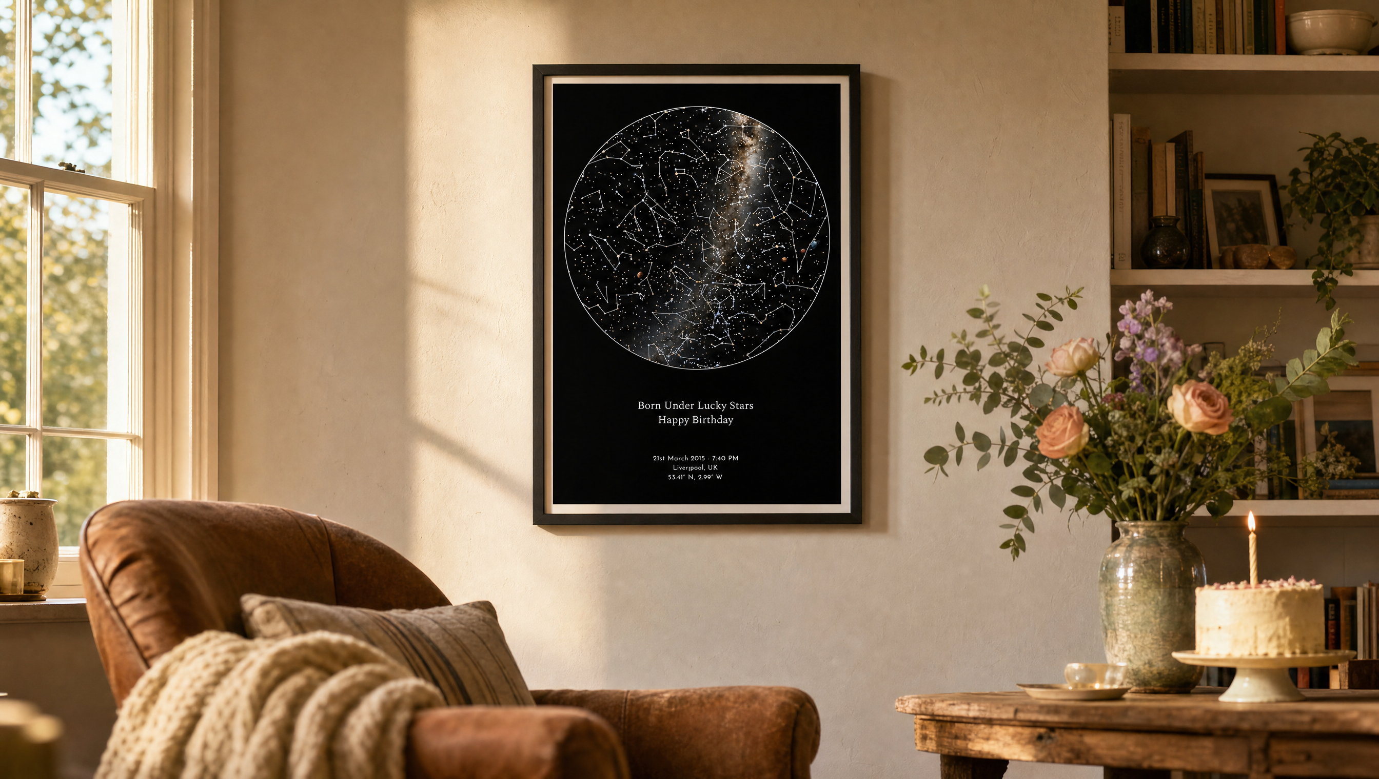 Framed personalised star map hanging in a warm living room, a milestone birthday gift for mum