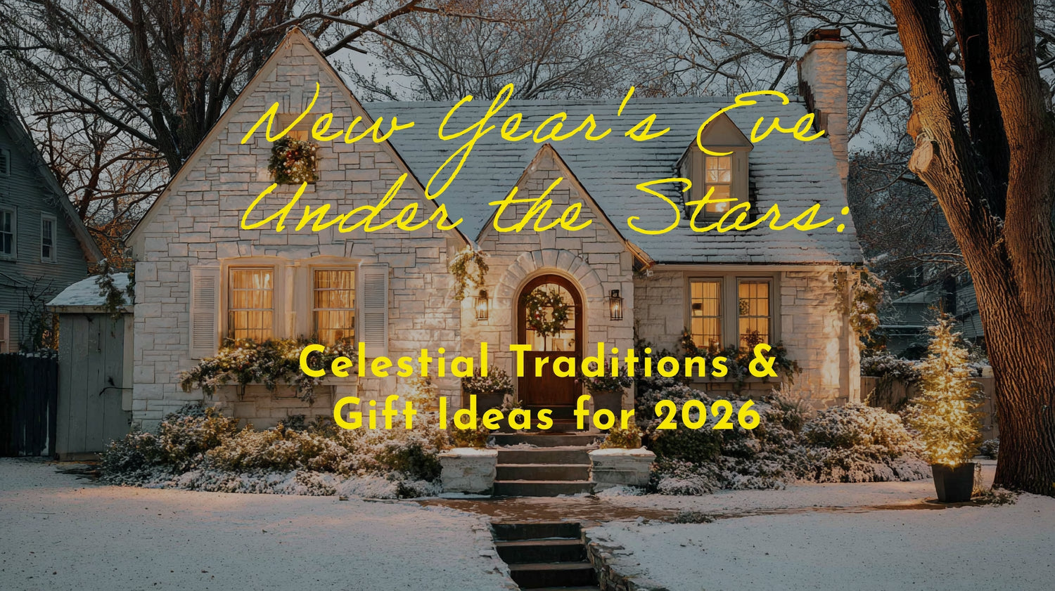 Snow-covered stone cottage decorated with festive wreaths and warm window lights at dusk, framed by bare winter trees, with yellow overlay text reading “New Year’s Eve Under the Stars: Celestial Traditions & Gift Ideas for 2026”.