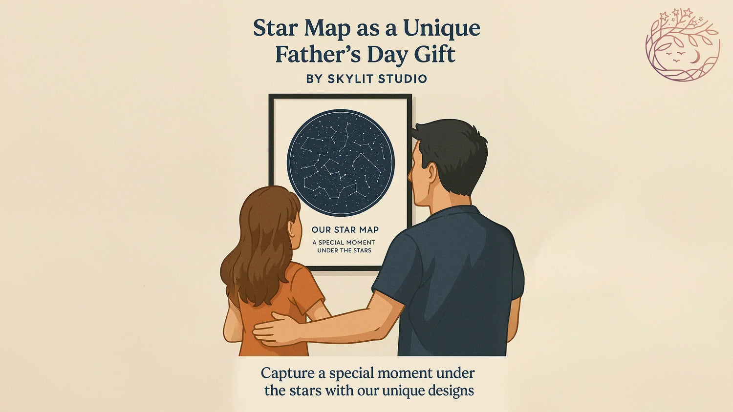 Personalised Father's Day star map gift illustration by Skylit Studio, featuring a father and daughter admiring a custom night sky print with constellation designs and the message 'A special moment under the stars'