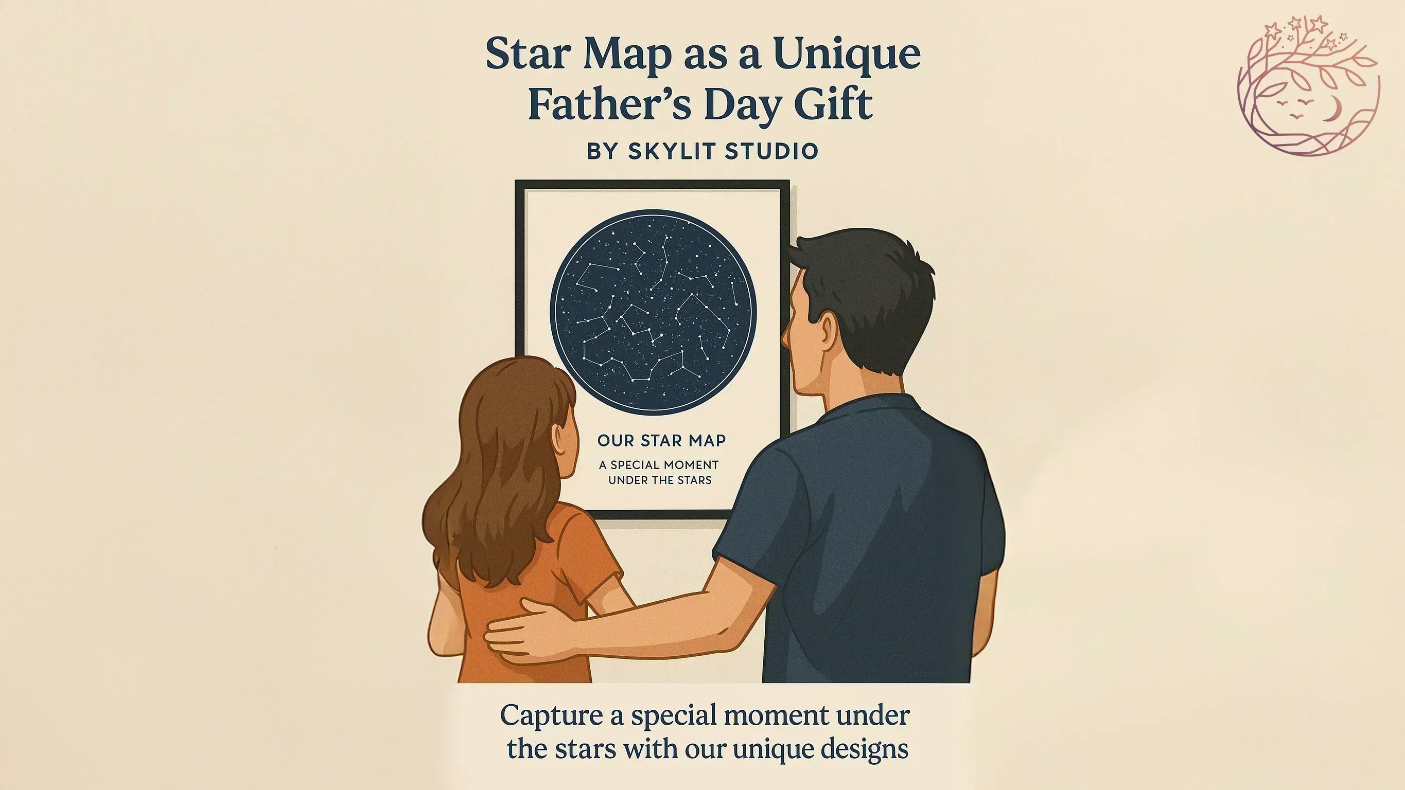 Personalised Father's Day star map gift illustration by Skylit Studio, featuring a father and daughter admiring a custom night sky print with constellation designs and the message 'A special moment under the stars'