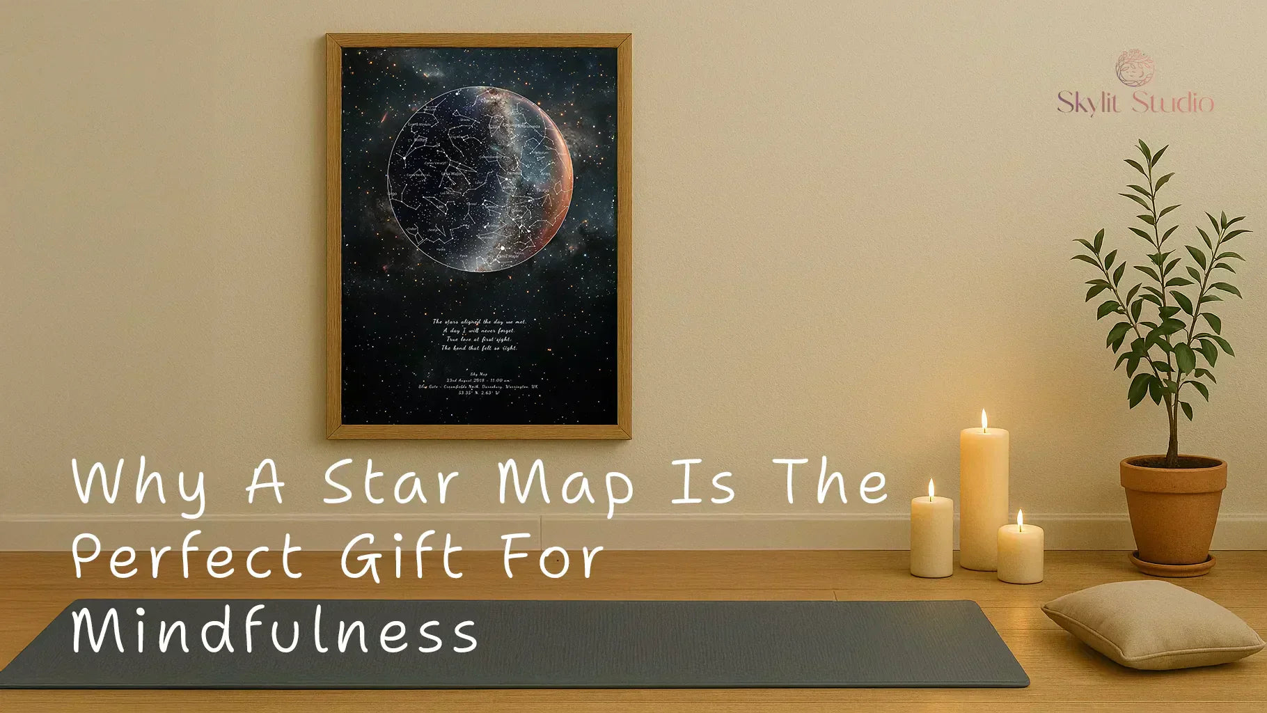 Blog hero image featuring a star map in a meditative space with yoga mat, candles, and plant – illustrating why star maps make the best personalised mindfulness gifts.