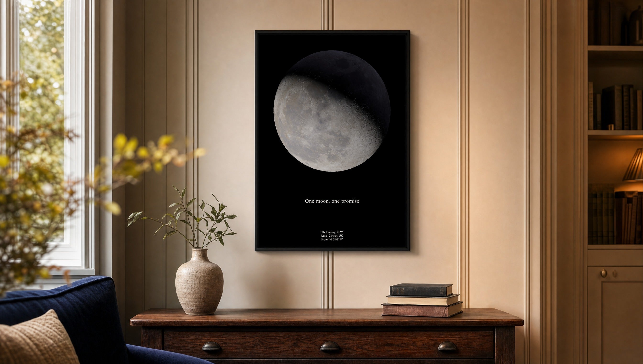 Personalised moon phase print in a black frame on a panelled living-room wall above a wooden console, inscribed ‘One moon, one promise’ with date, Lake District and coordinates, by Skylit Studio