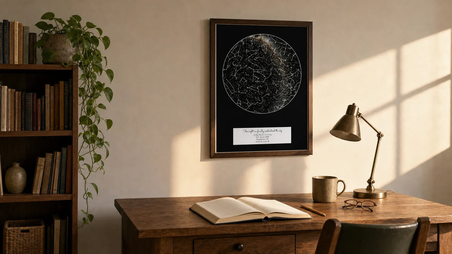 A framed personalised star map hanging above an oak writing desk in a sunlit home study, with an open notebook, brass lamp and bookshelf