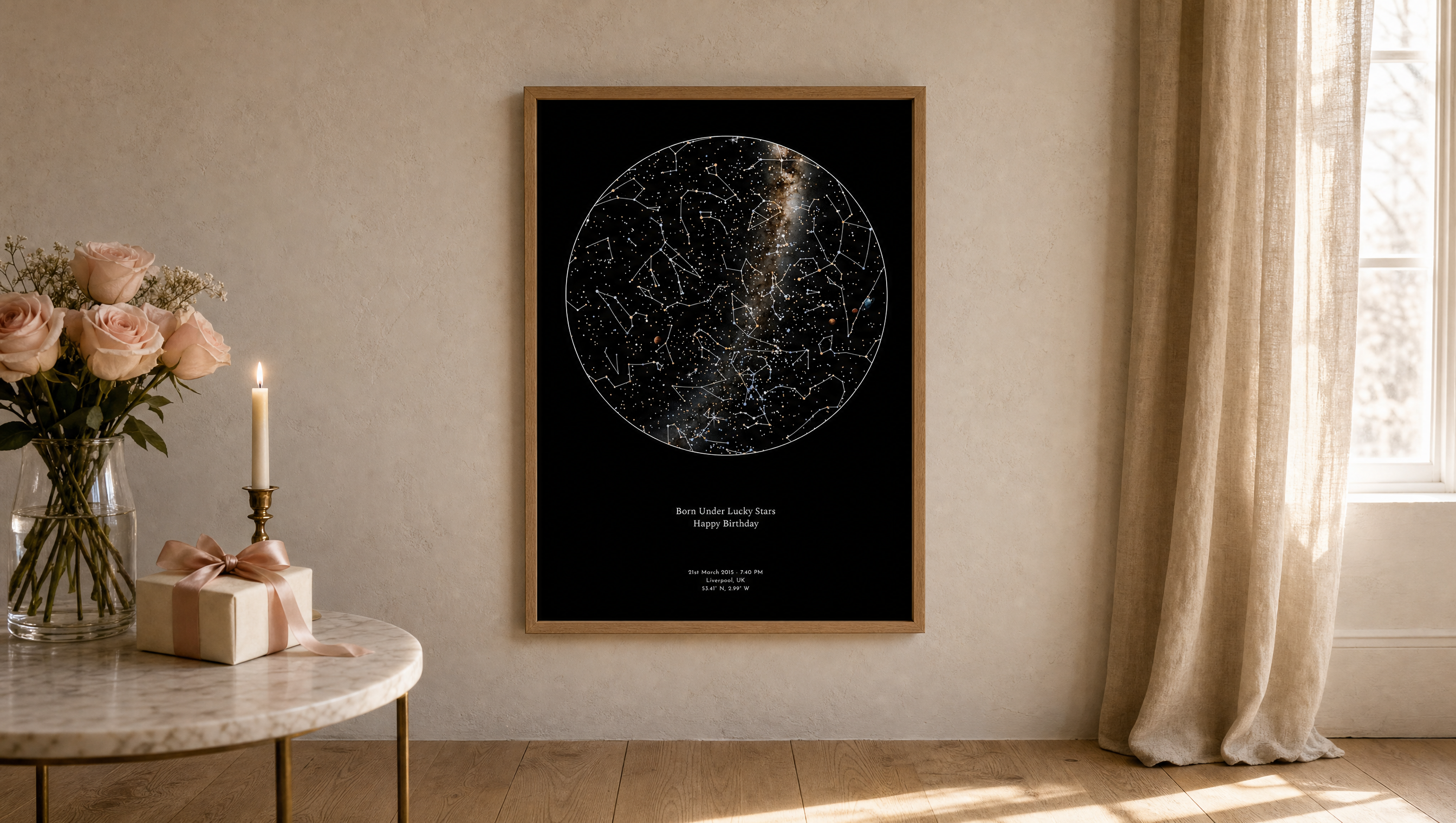 A framed personalised star map displayed as a birthday gift in a beautifully styled interior