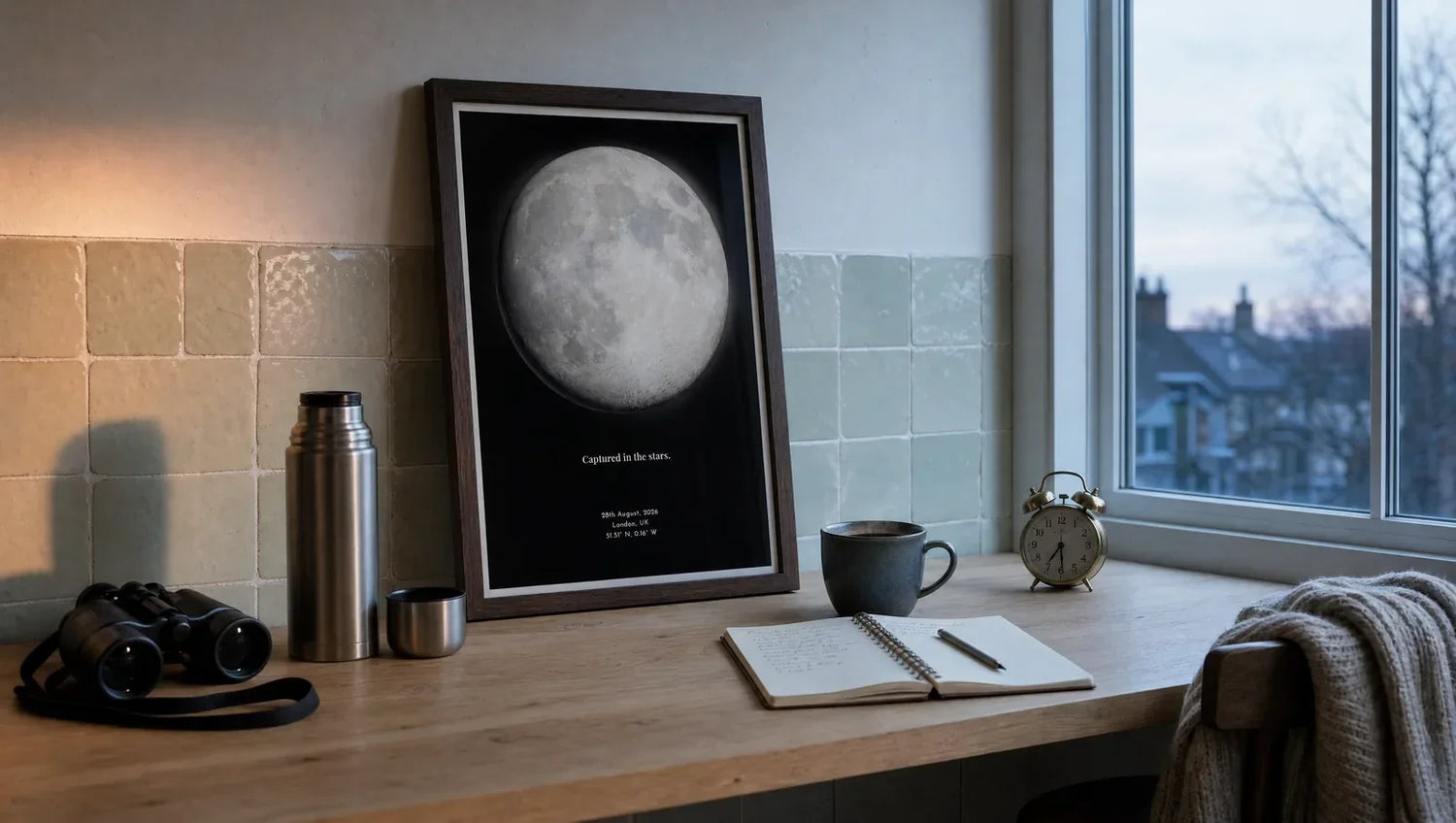 Dark walnut framed personalised moon phase print for 28 August 2026 propped on a pale oak kitchen counter beside binoculars, a thermos flask, a mug of coffee and an open notebook, lit by cool pre-dawn light from the window