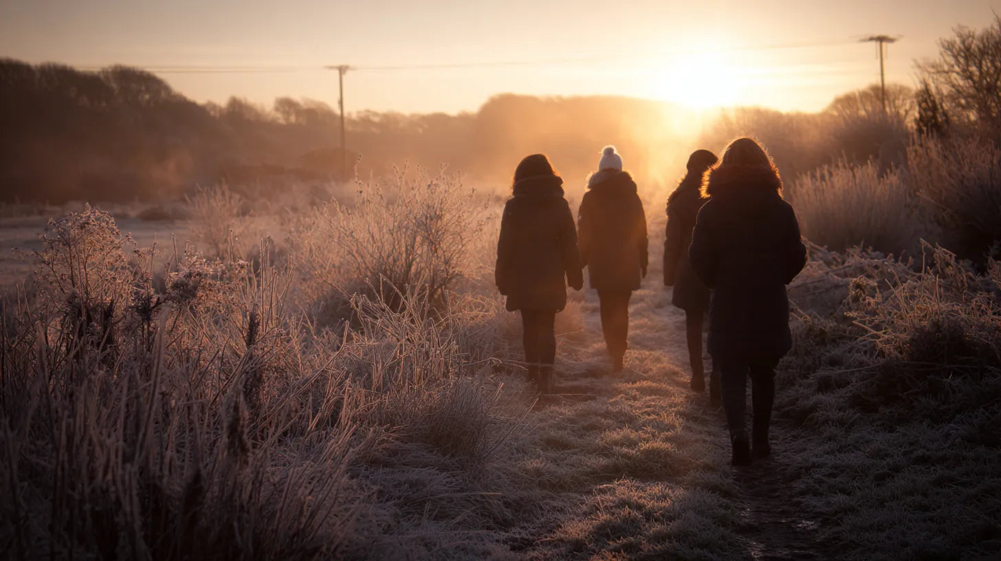 Family on a peaceful Boxing Day winter walk through frost-covered countryside