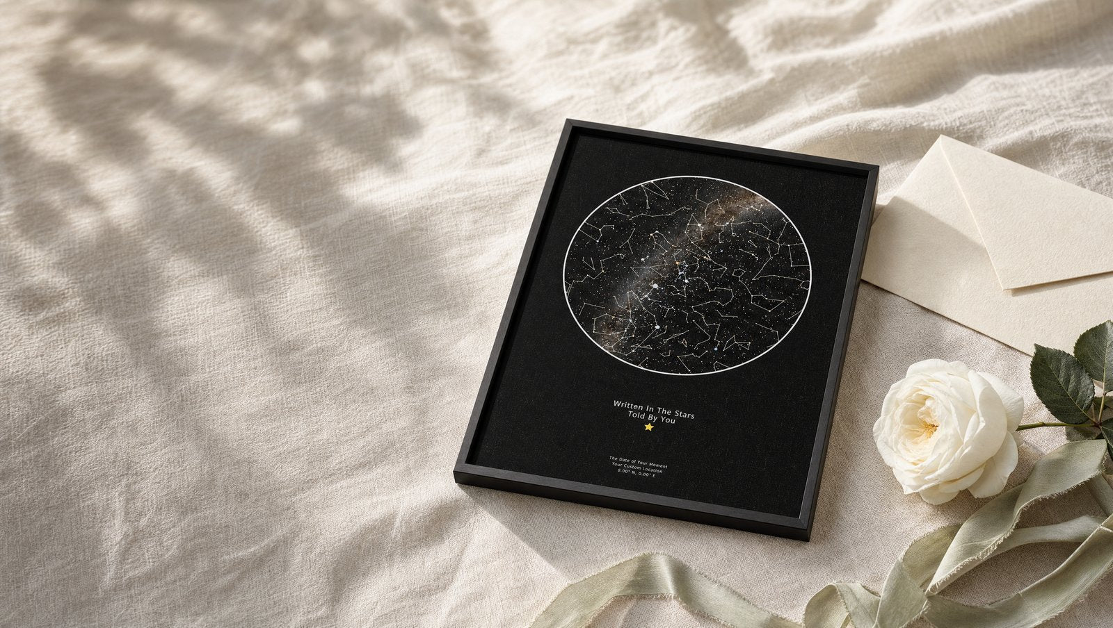 Personalised star map christening and godparent keepsake gift from Skylit Studio, framed and styled with roses and a card