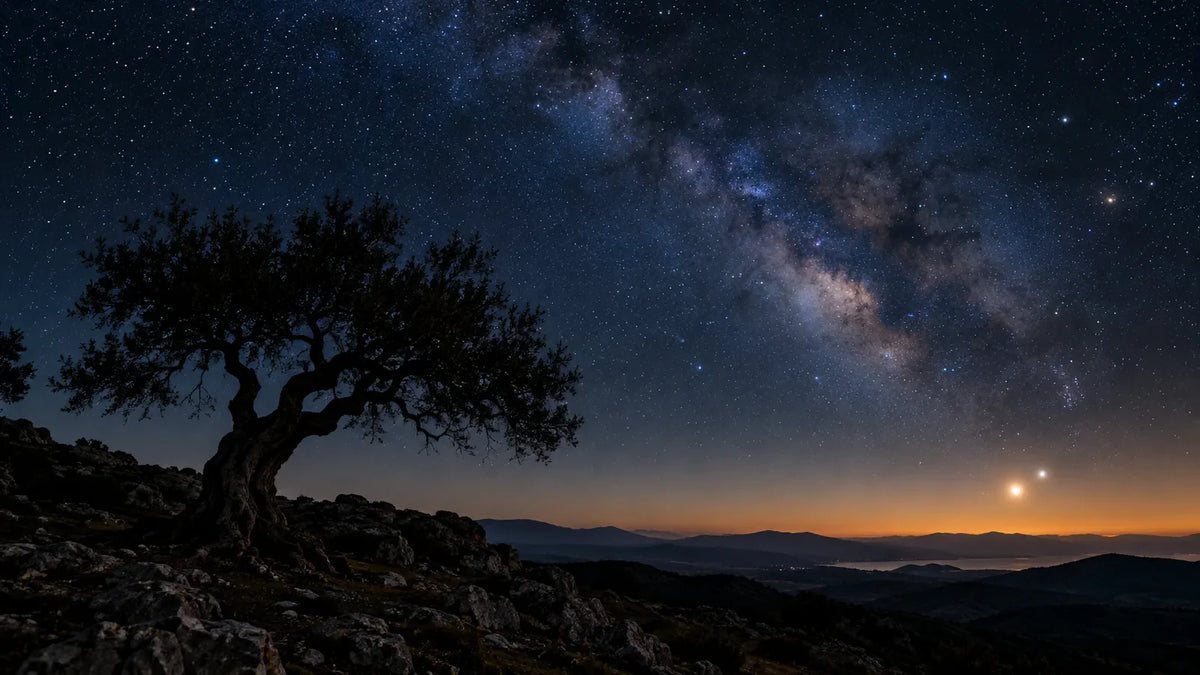 A clear winter night sky thick with stars over a silhouetted ancient hilltop and lone tree, two bright planets glowing close together low on the horizon