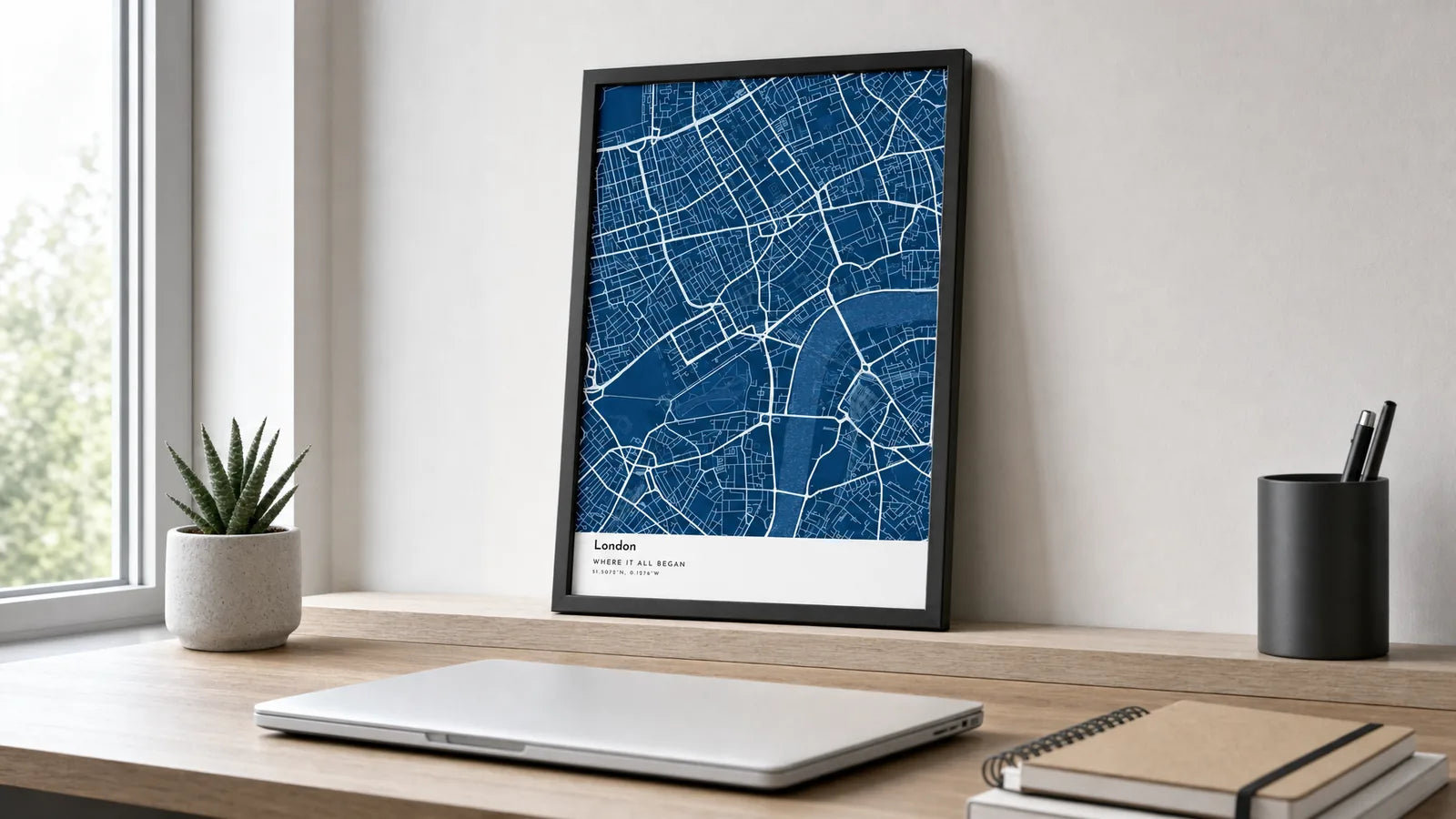 Framed black London street map print leaning on a home office shelf beside a laptop and succulent