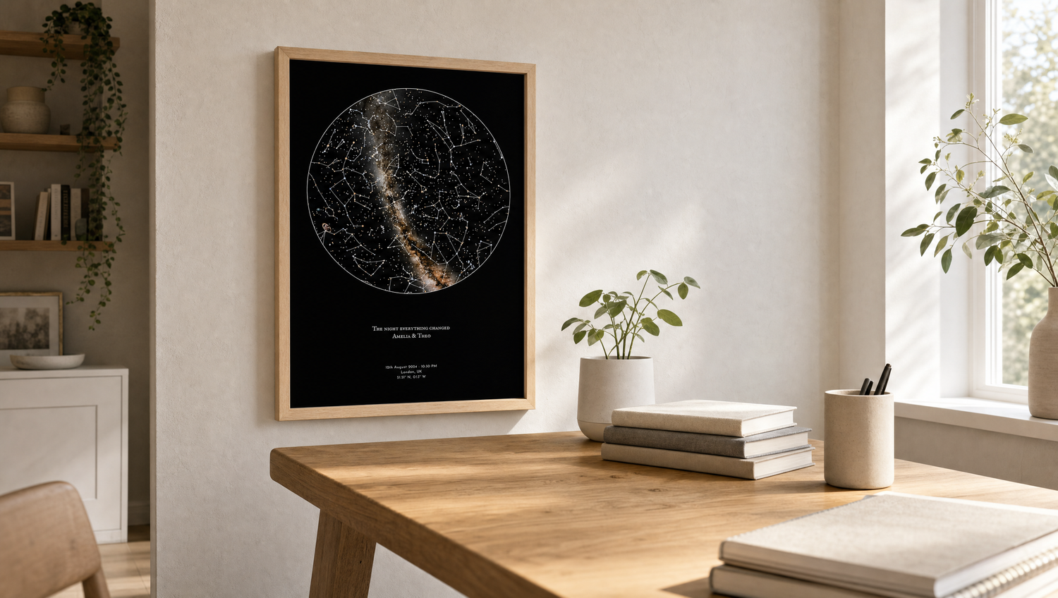 Framed personalised star map print displayed in a bright, minimal home office, propped against the wall on an oak desk with books and a plant