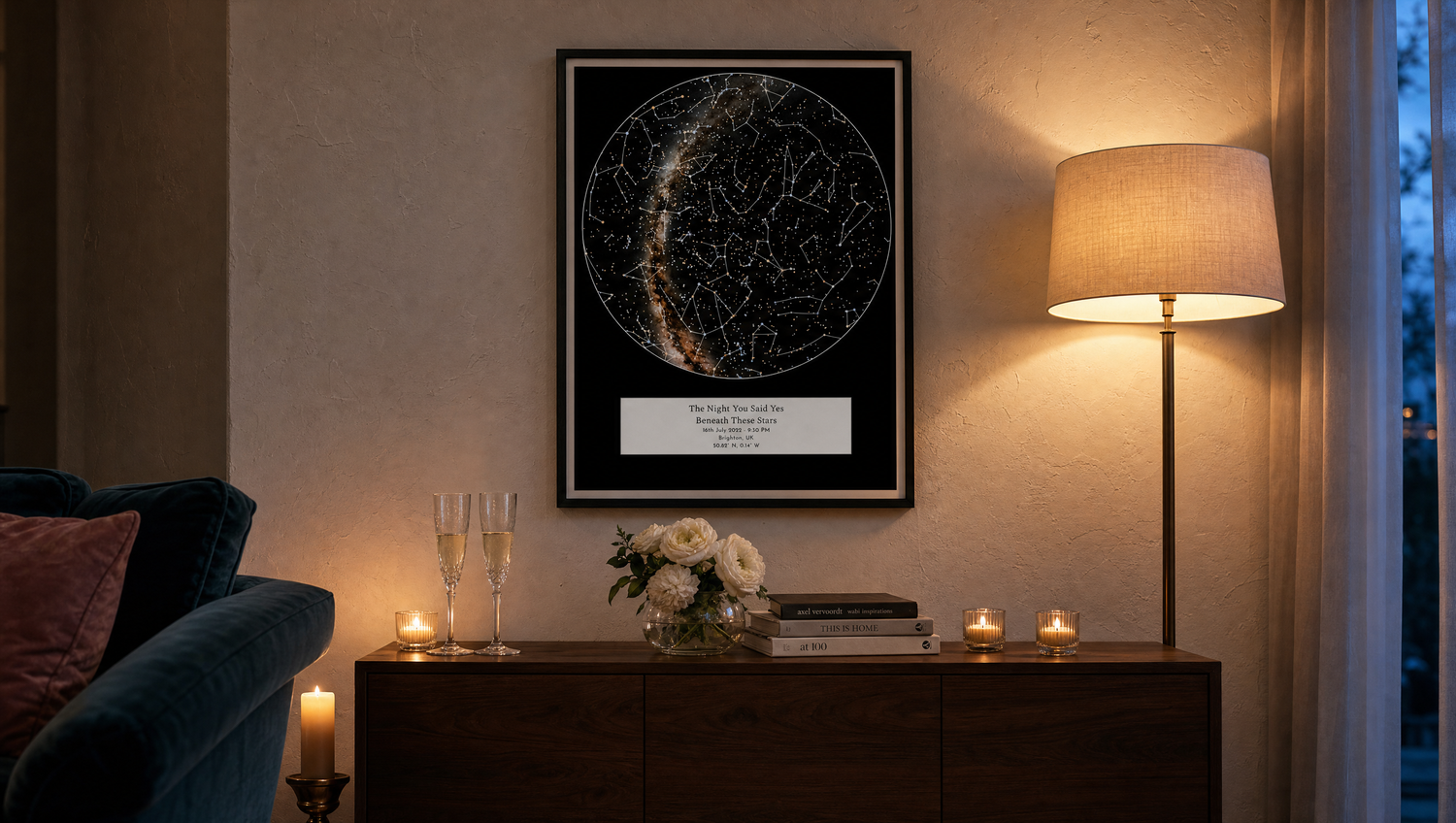 Personalised star map as engagement gift, framed print in warm romantic interior