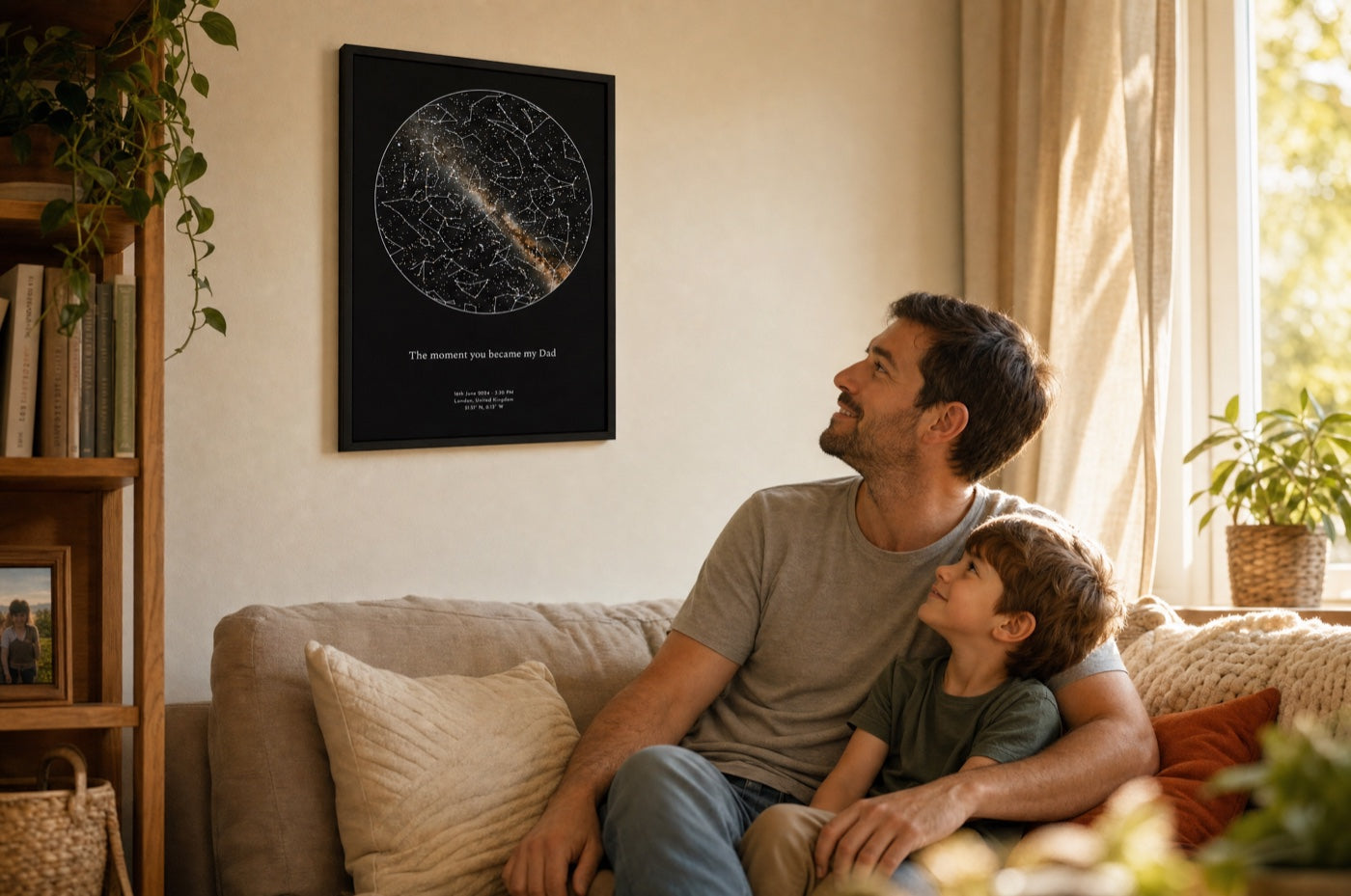 A father and his young son looking up at a personalised Skylit Studio star map framed on the wall