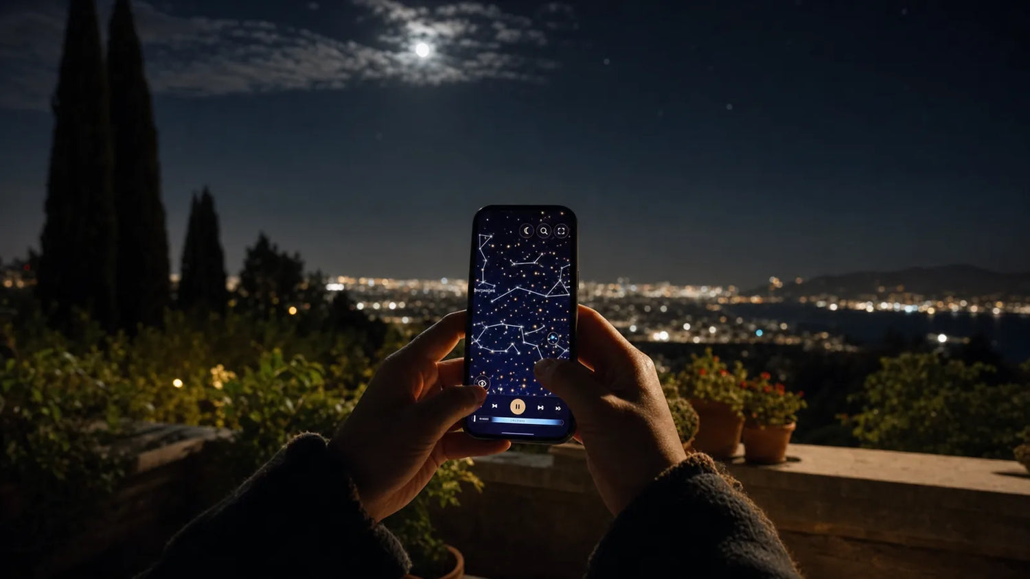 Hands holding a phone running the Skylit Night Sky Explorer against a real starry sky above a hillside garden, with town lights on the horizon