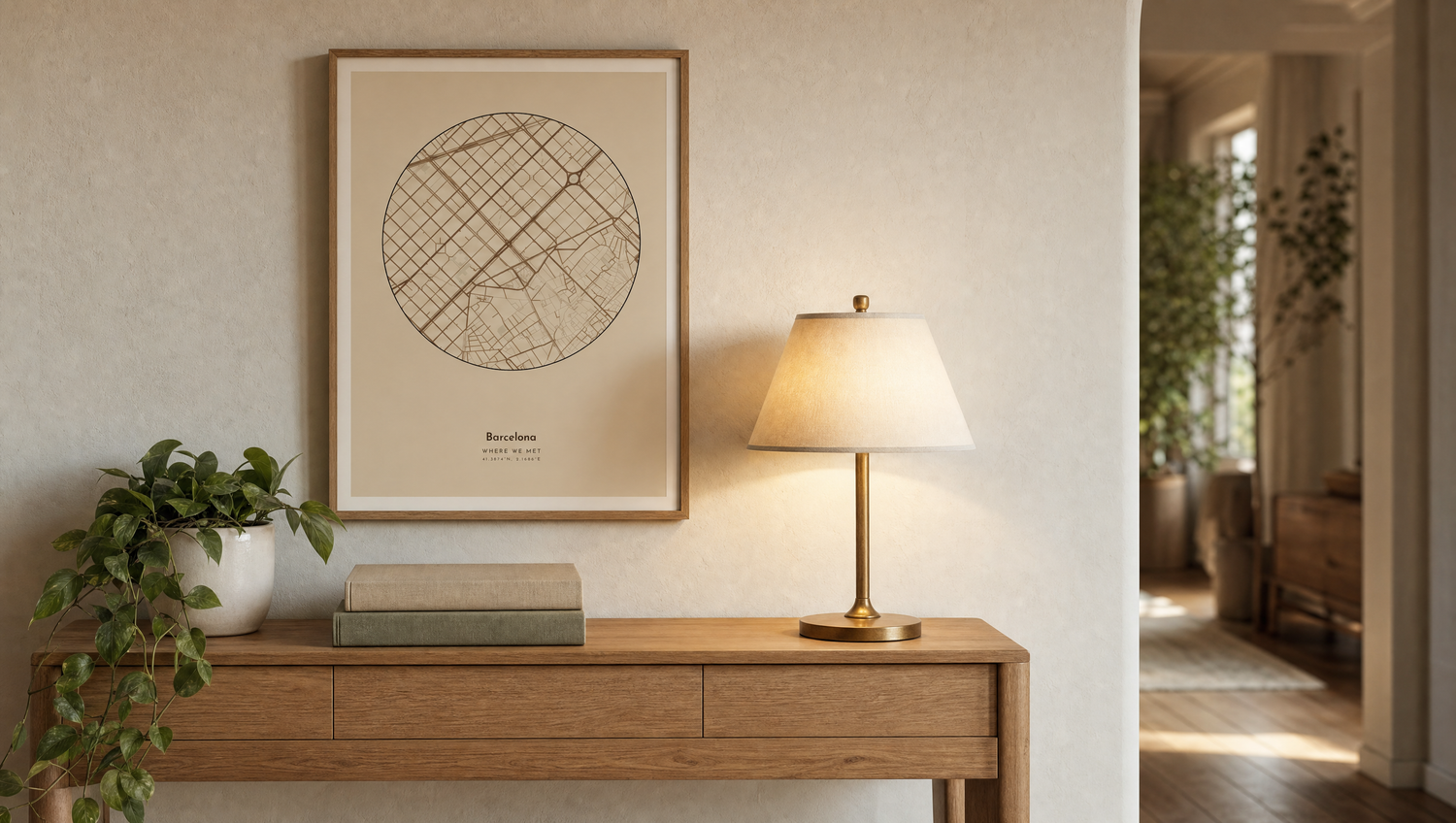 Framed personalised location map print of a meaningful place displayed on a console table in a warm, elegant home hallway, styled with books, a trailing plant, and soft lamp light