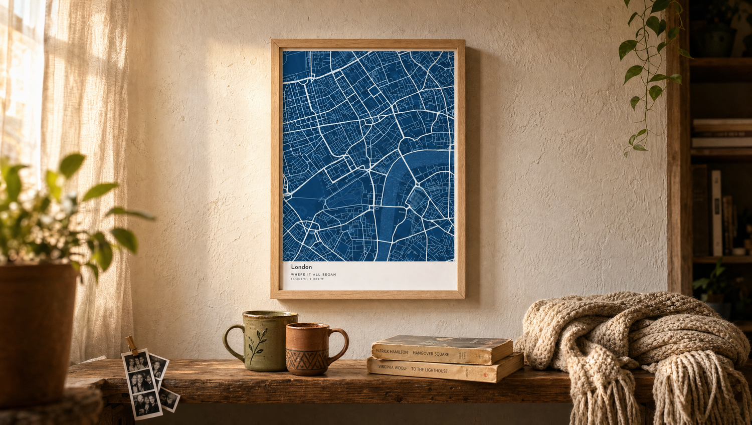 Framed London location-map print hanging on a warm plaster wall, styled below with black-and-white photo-booth snapshots, mismatched ceramic mugs, worn paperback books and a knit throw on a wooden shelf