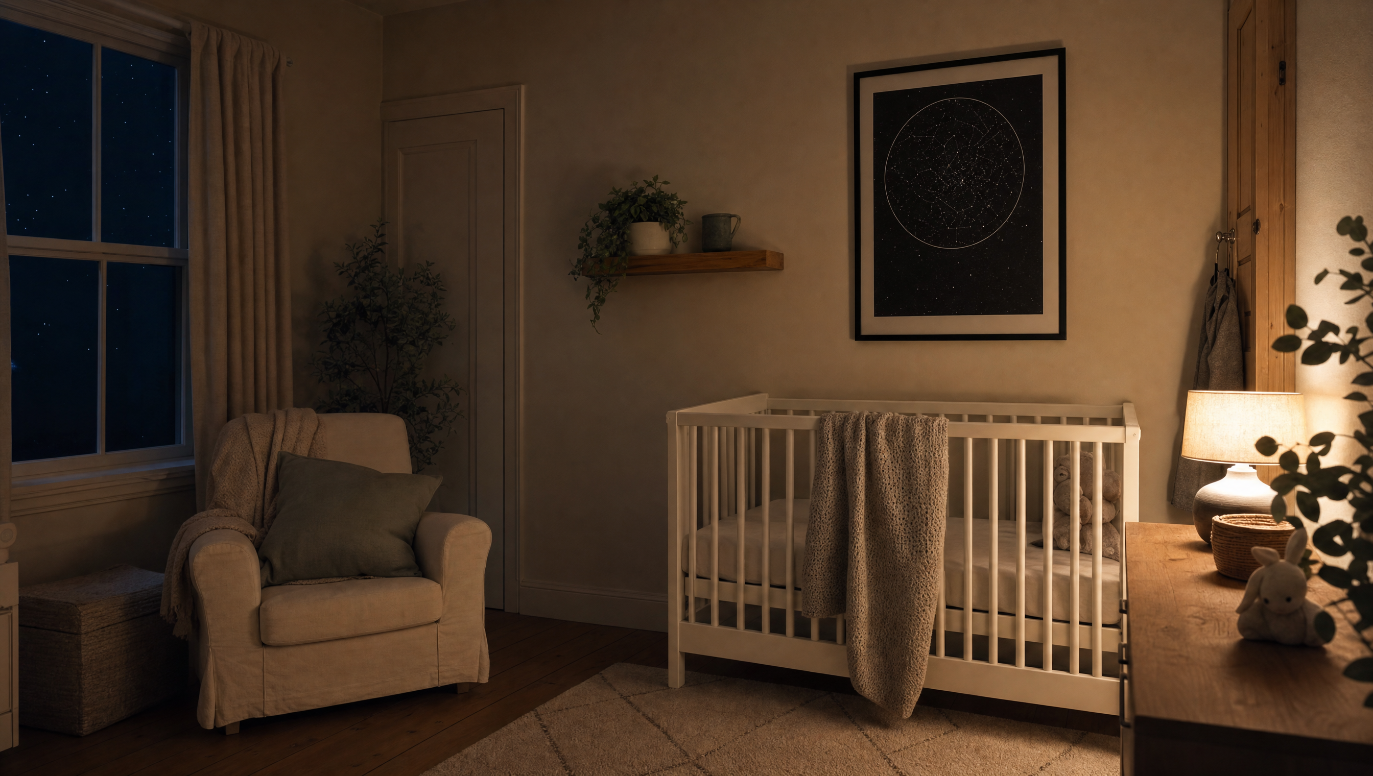 Framed personalised star map print hanging in a cosy nursery, soft warm lamp light, white wooden cot with knitted blanket