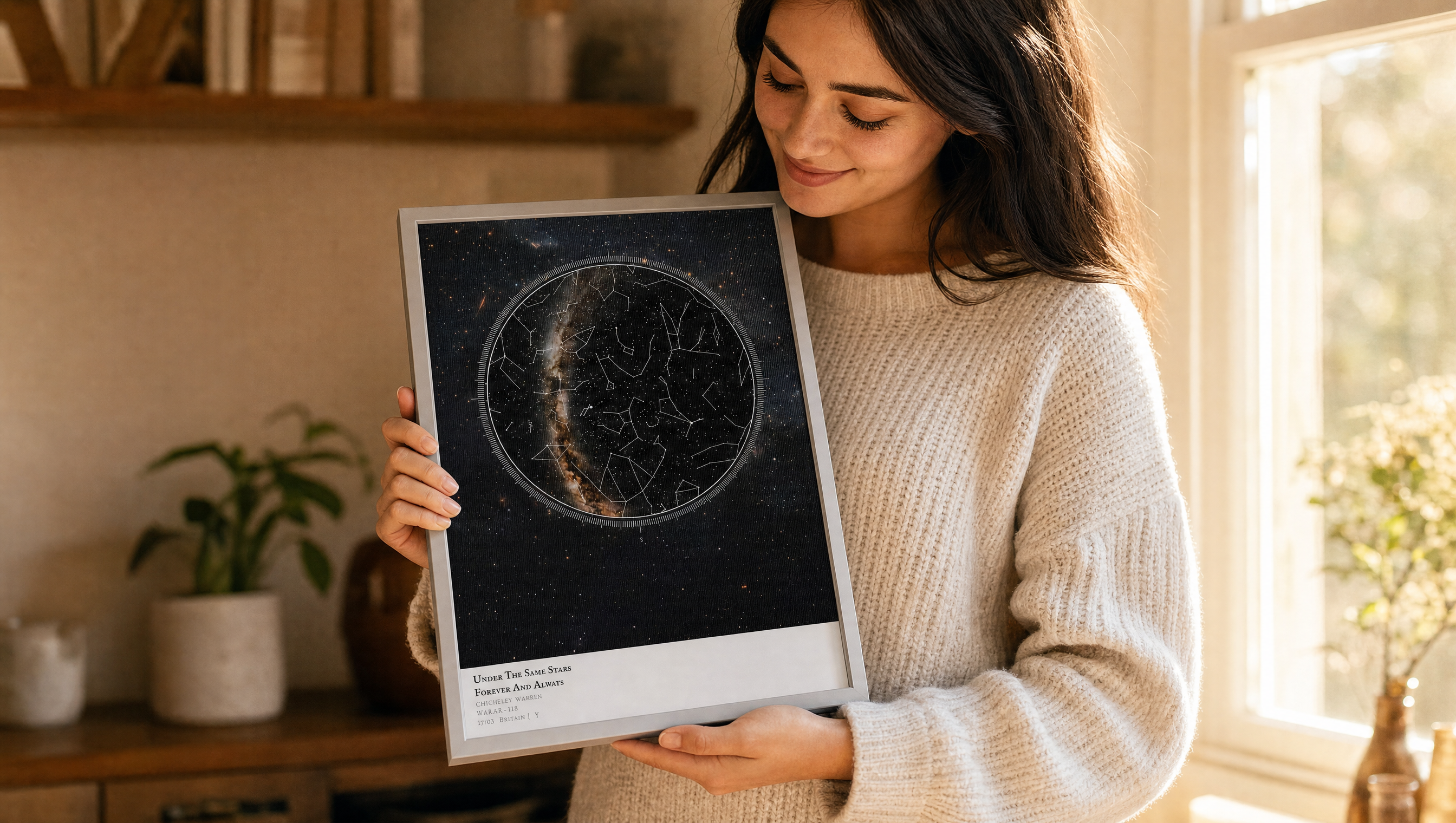 A graduate in a cream knit sweater holding a framed personalised Skylit Studio star map print in a warm, sunlit room