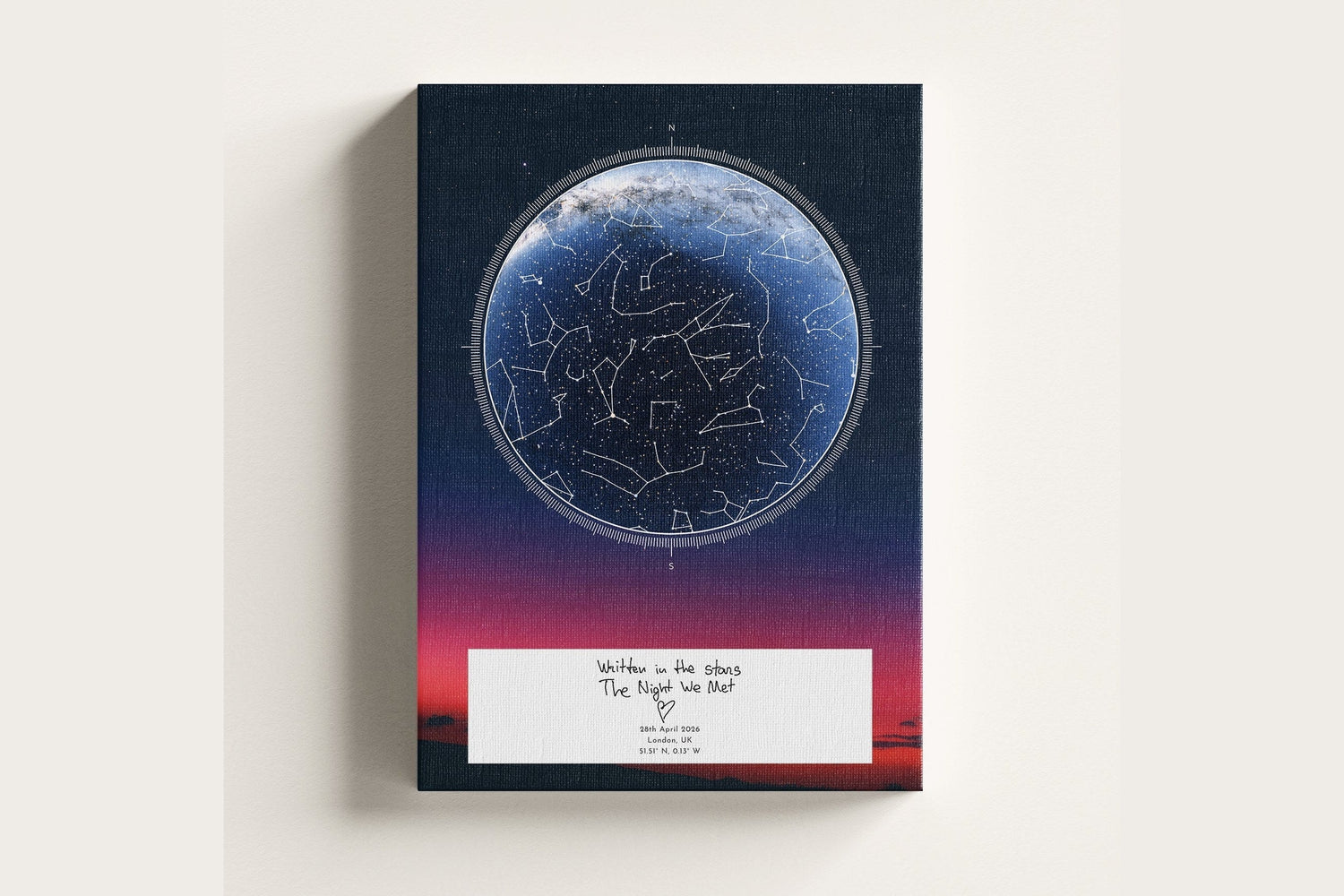 A finished Skylit Star Map with a handwritten dedication printed on canvas, shown in landscape composition