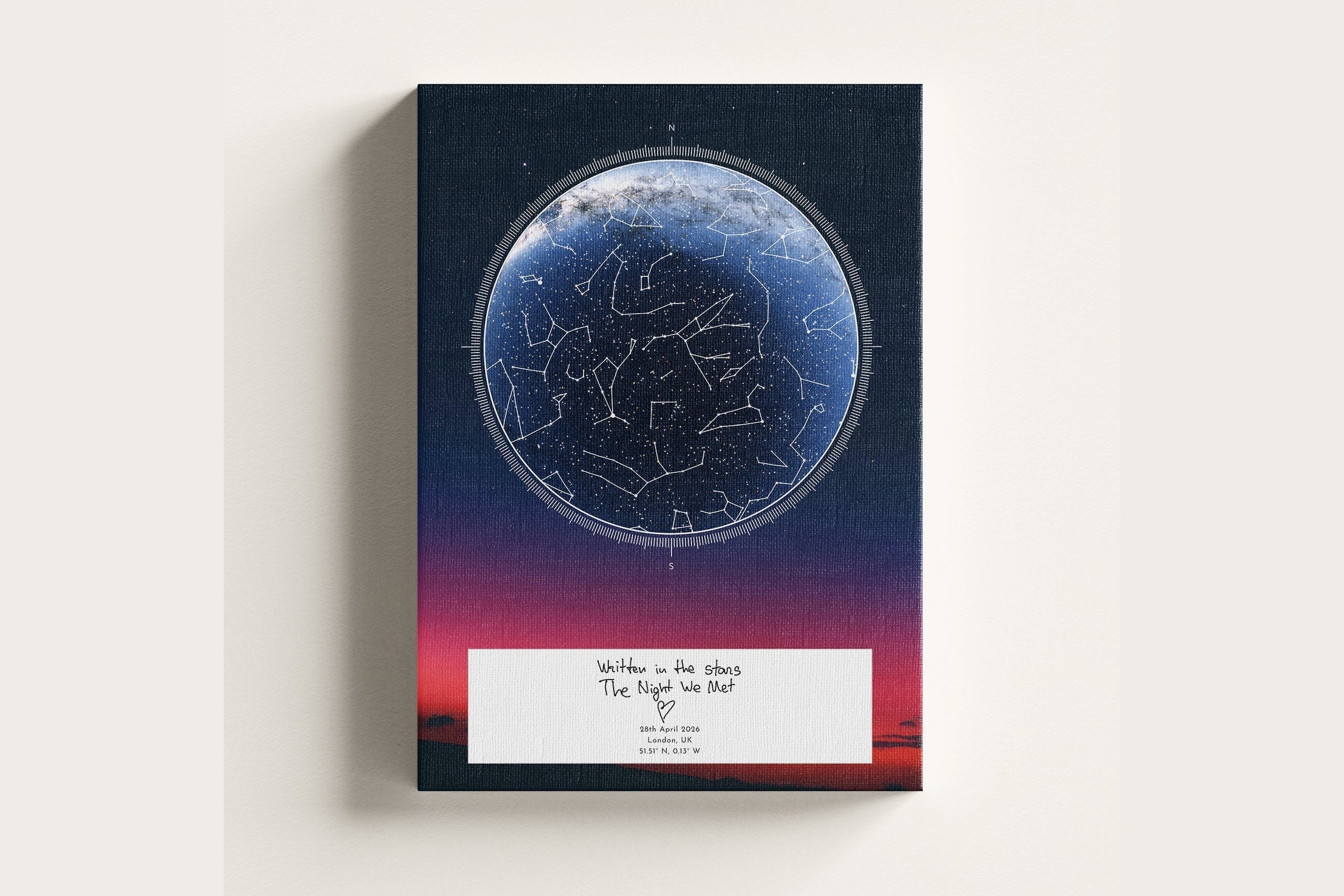A finished Skylit Star Map with a handwritten dedication printed on canvas, shown in landscape composition