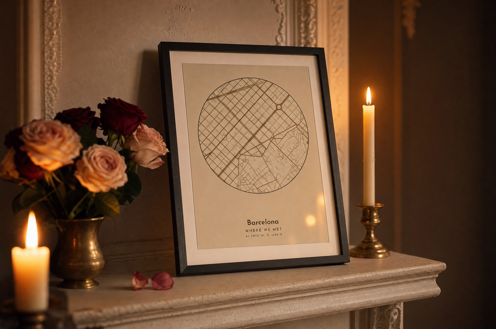 A framed personalised Where We Met location-map print on a candlelit mantelpiece with roses, in a cosy home interior
