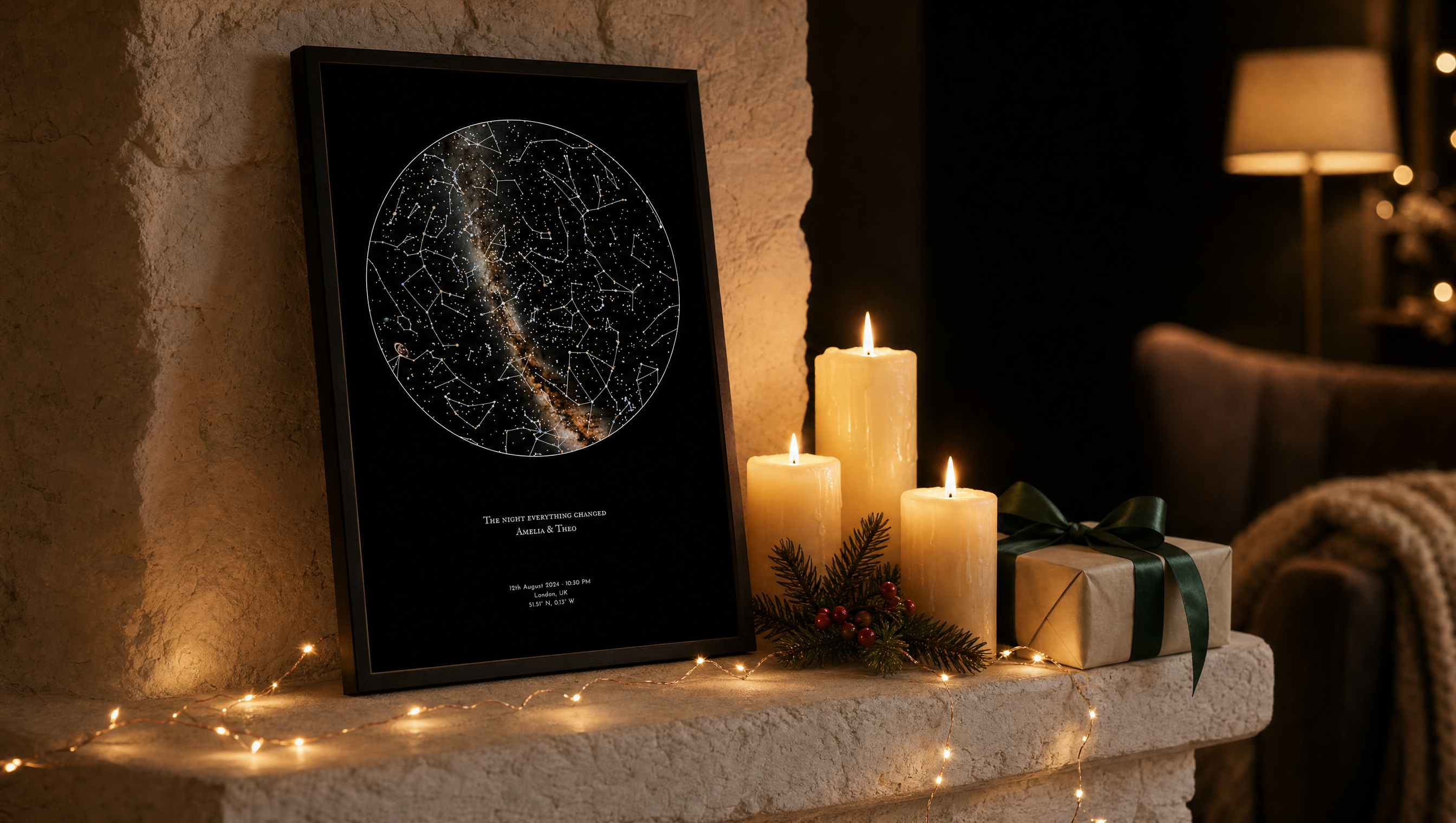 Personalised framed star map print on a mantelpiece surrounded by warm Christmas lights — a thoughtful gift for mum