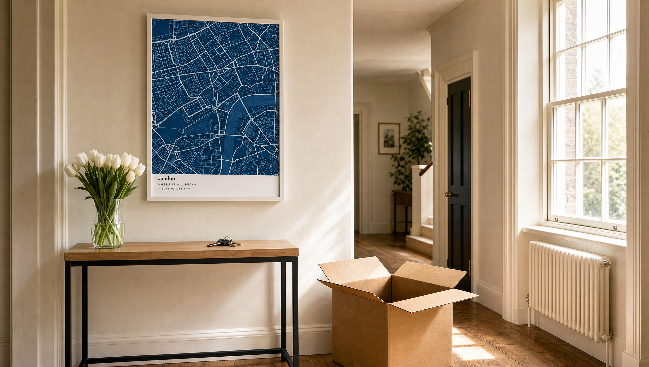 A framed personalised London map print on a hallway wall above a console table with tulips and keys beside an open moving box, as a housewarming gift