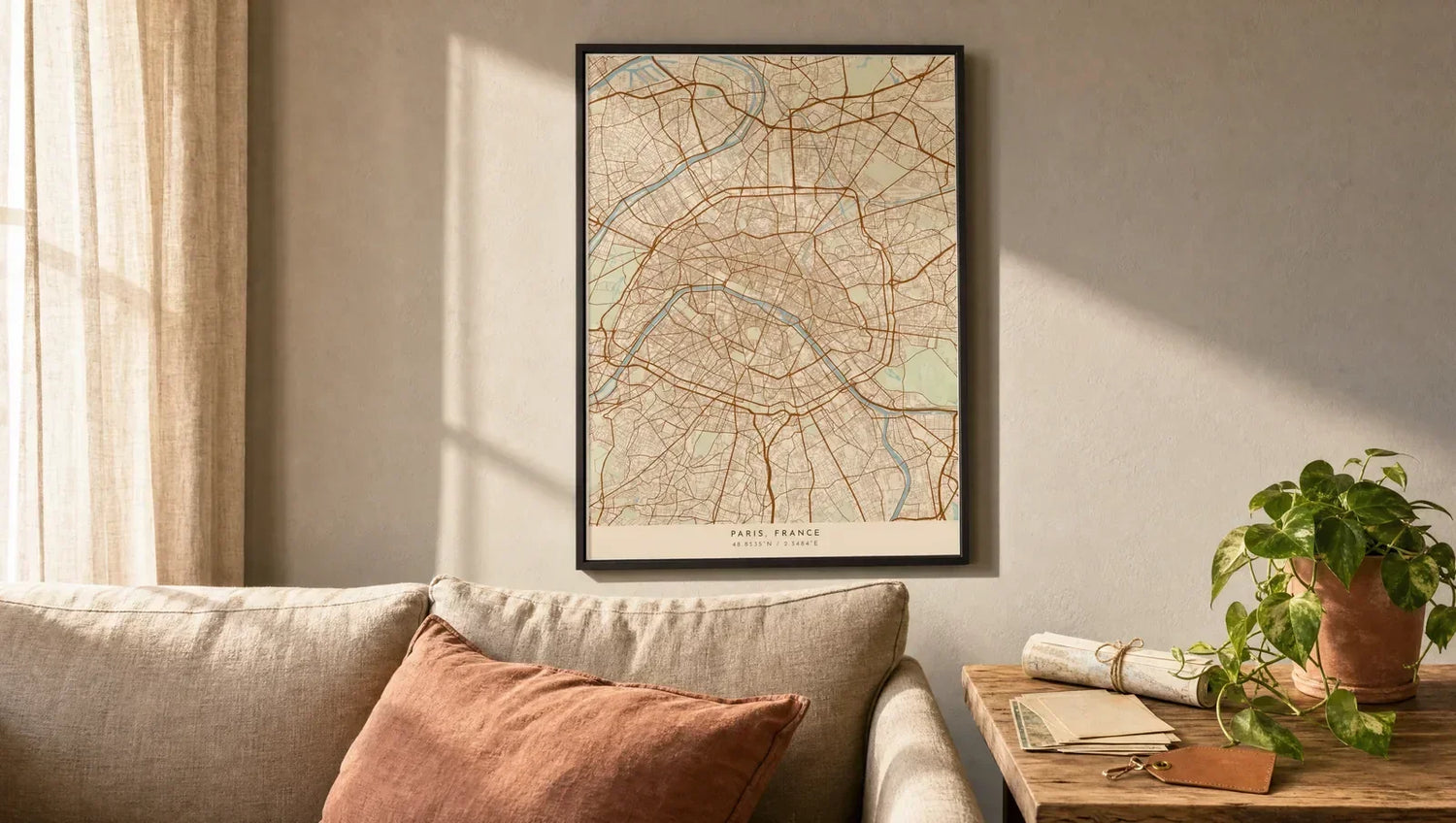 Framed personalised location map print of Paris hanging above a linen sofa in a warm, golden-hour living room with travel-themed props on a side table