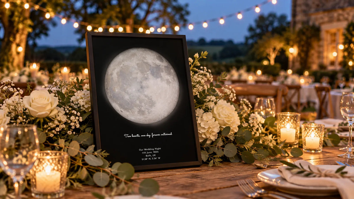 A personalised full moon phase print in a black frame standing among white floral centrepieces on an outdoor wedding reception table at dusk, with string lights glowing overhead