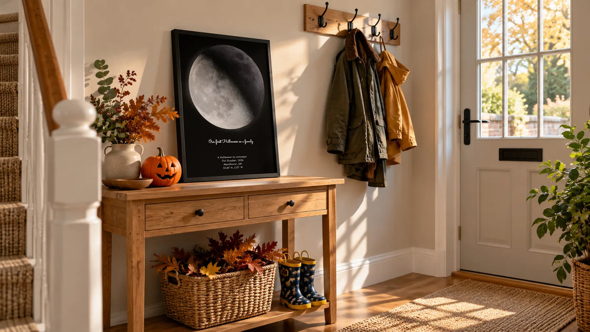 Framed personalised moon map leaning on a console table in a bright autumn entryway, with a small carved pumpkin and children's wellies nearby