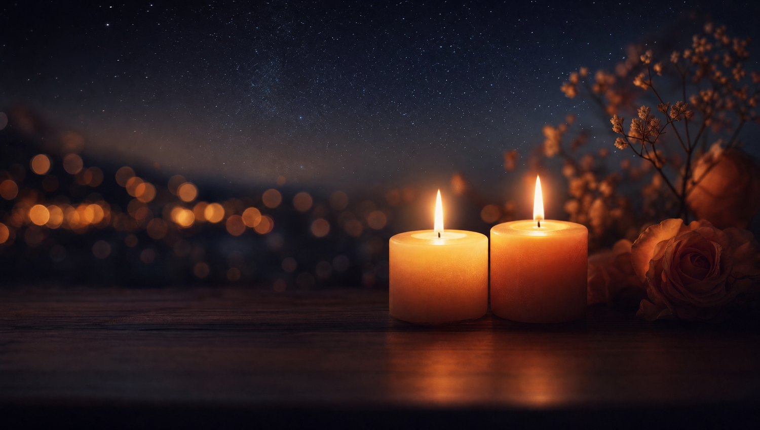 Two warm candles glowing side by side beneath a starry night sky with soft golden bokeh, evoking closeness and connection across distance